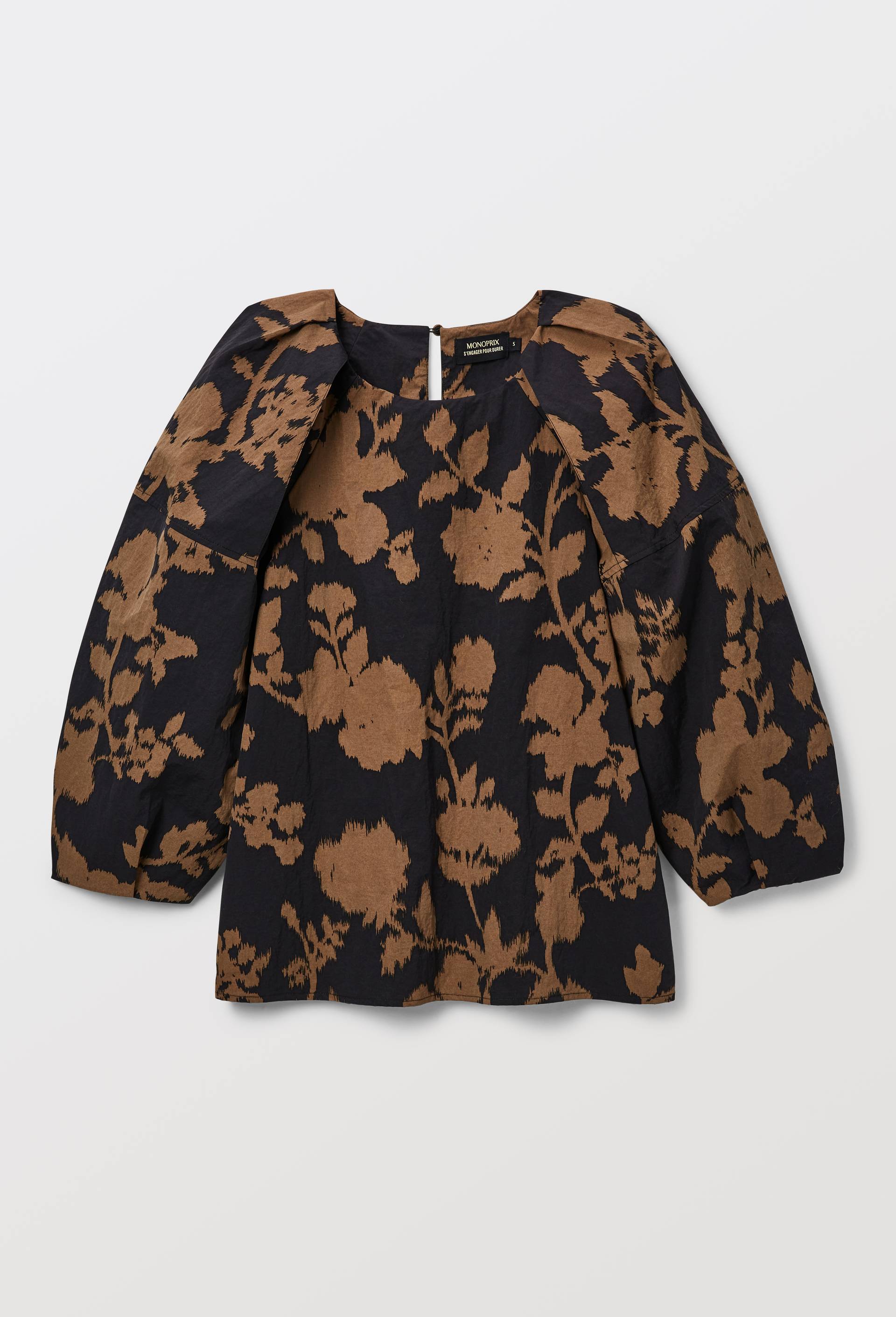 Blouse manches bouffantes imprim&eacute;e contenant du coton, Noir, large image number 3.0