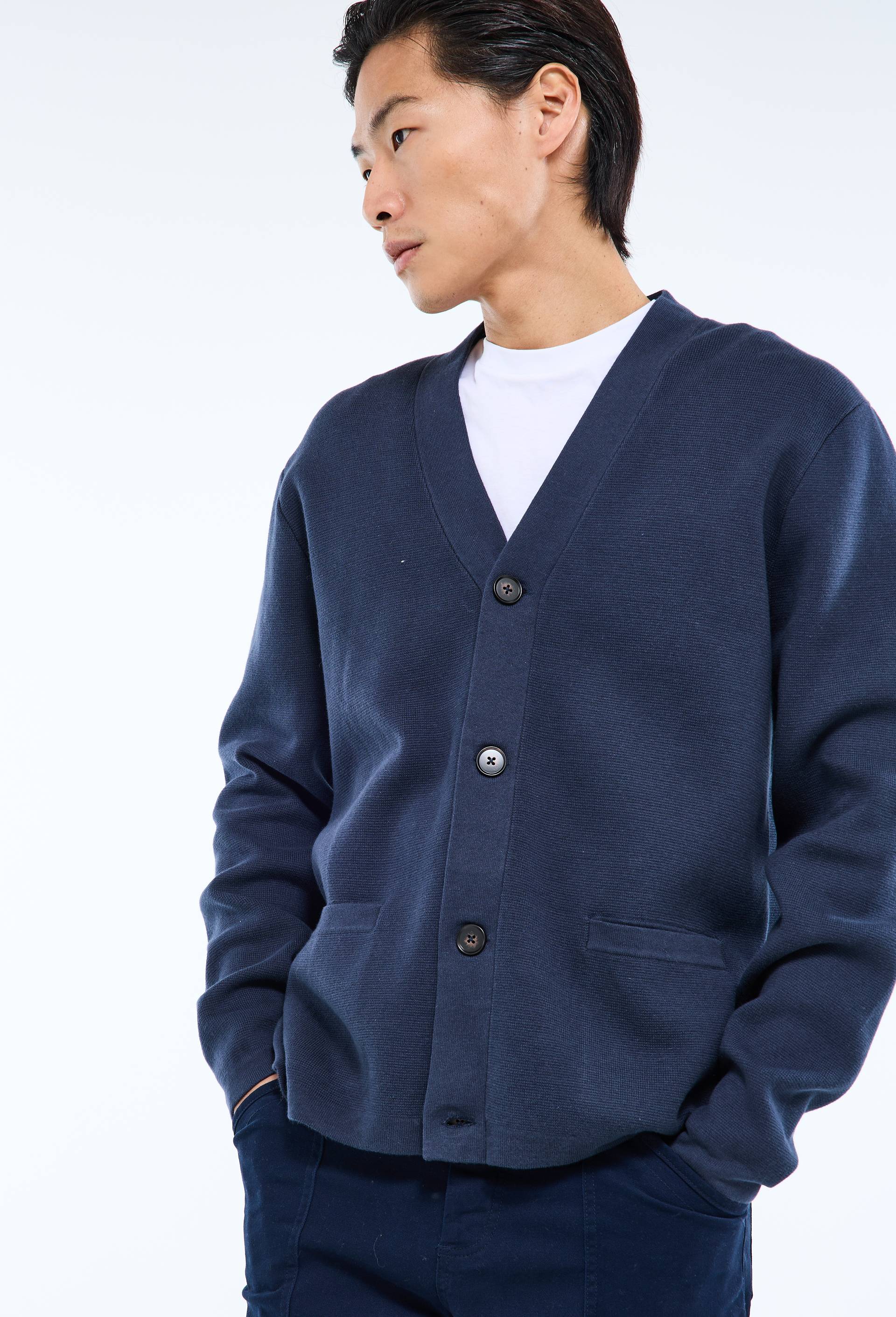 Gilet boutonn&eacute; en coton, Bleu fonc&eacute;, swatch image