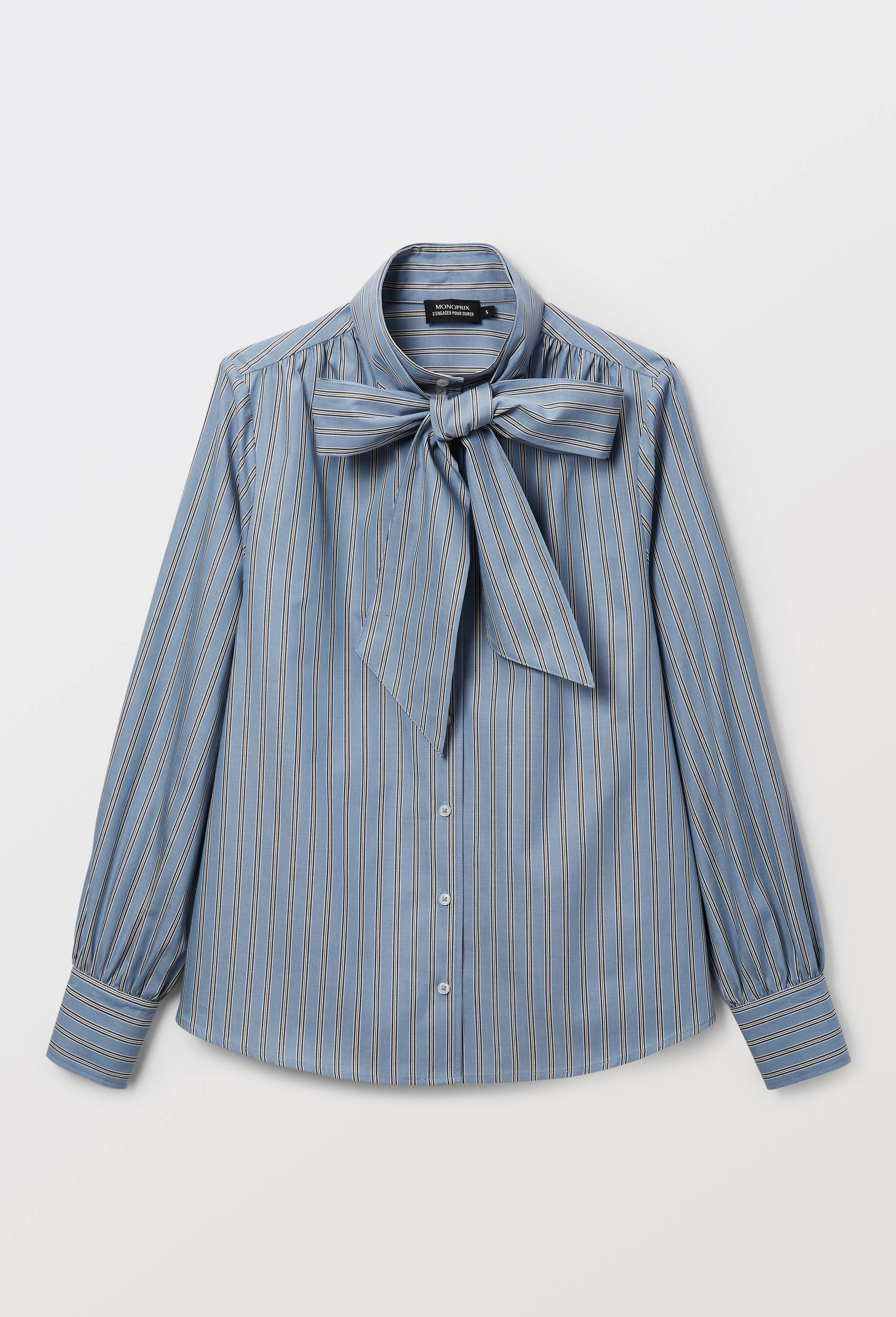 Chemise ray&eacute;e col &agrave; nouer amovible en coton BIO GOTS, Bleu fonc&eacute;, large image number 2.0