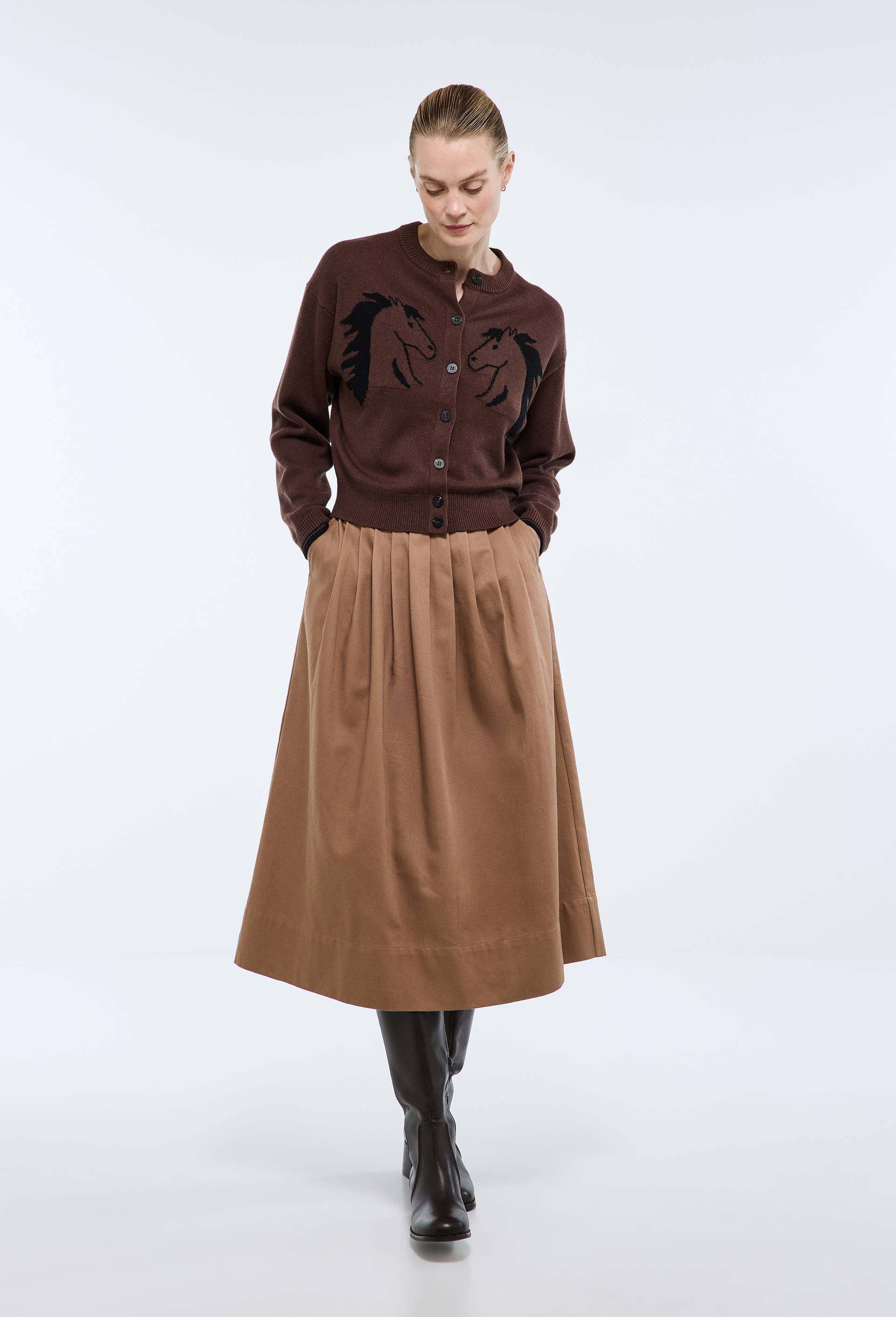 Jupe midi pliss&eacute;e en coton, Beige, large image number 0