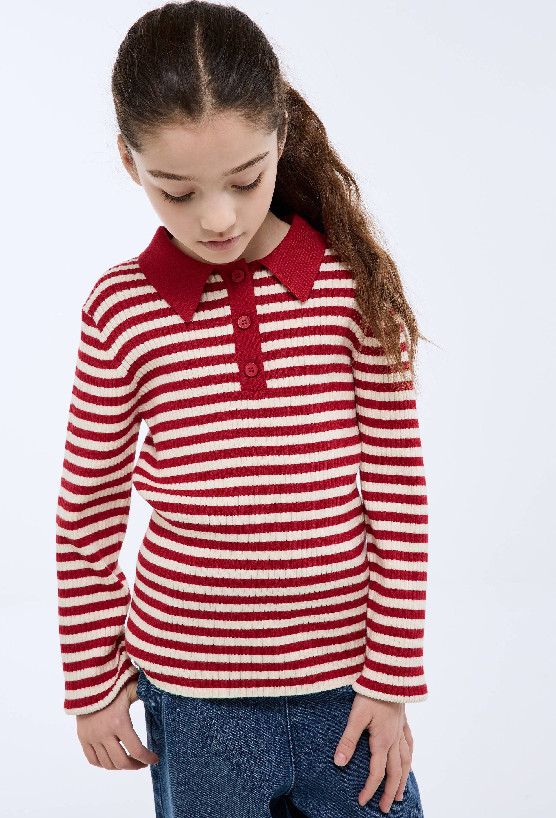 Pull ray&eacute; col polo, Rouge, large image number 0