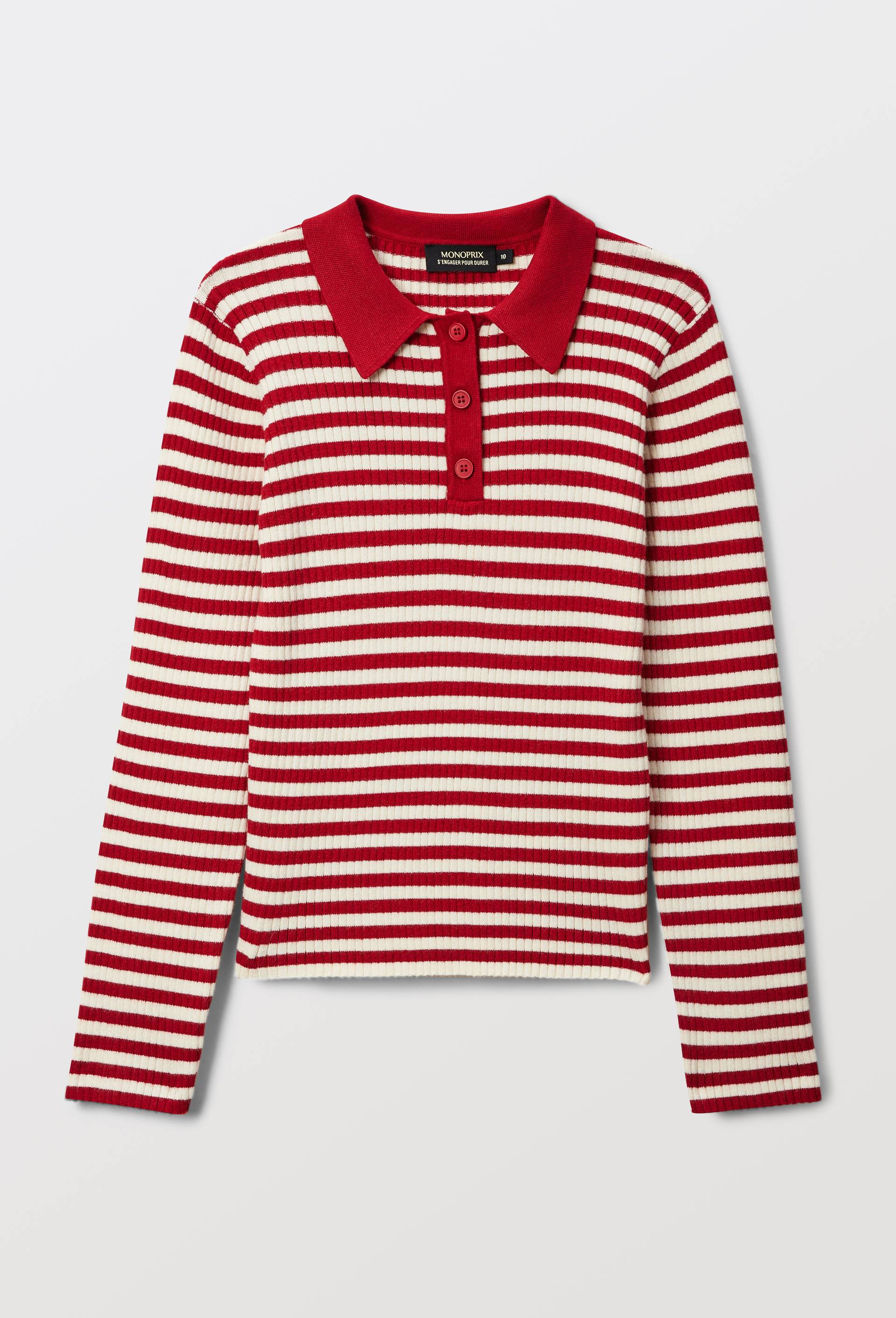 Pull ray&eacute; col polo, Rouge, large image number 1