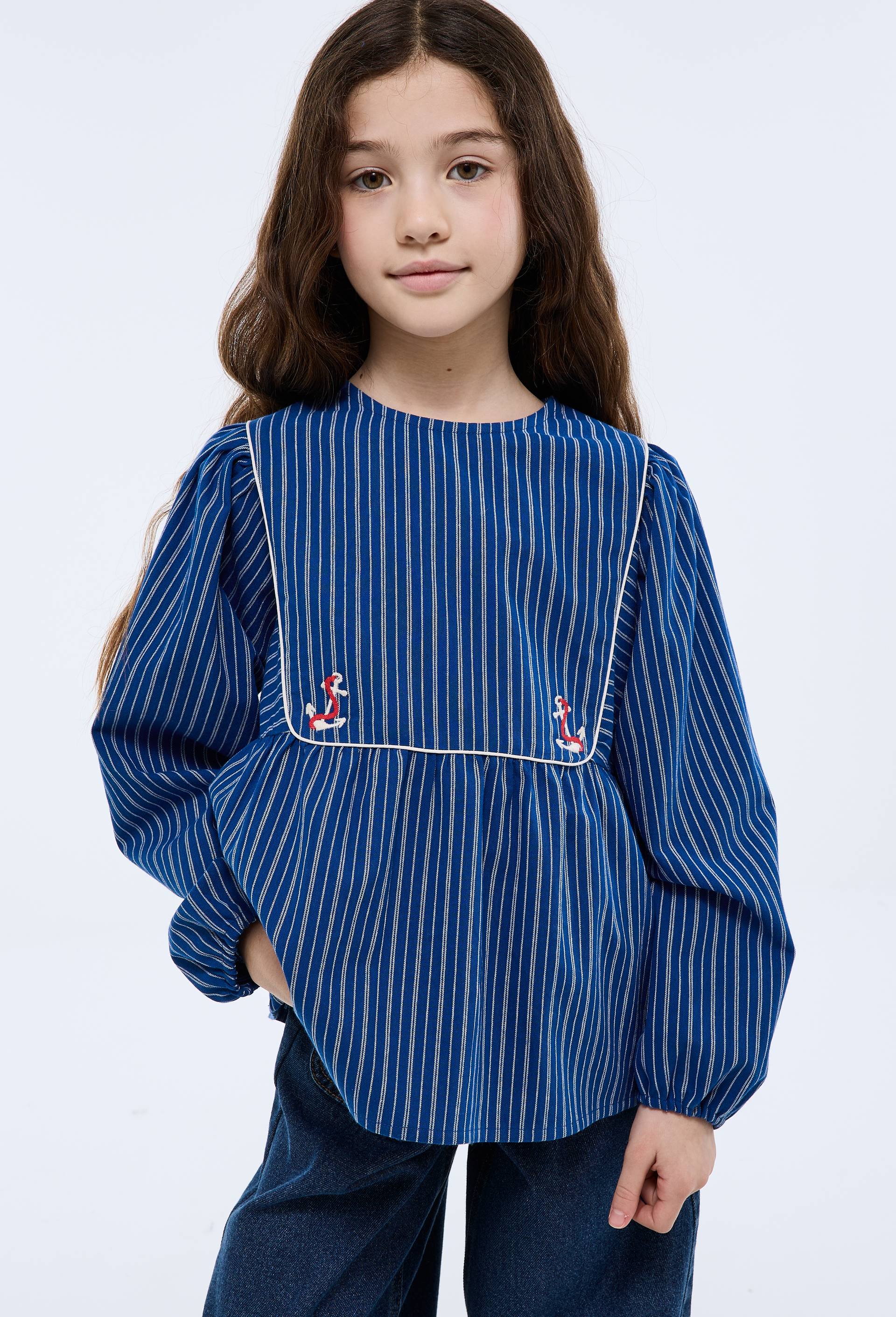 Blouse ray&eacute;e et brod&eacute;e, Bleu fonc&eacute;, large image number 1.0