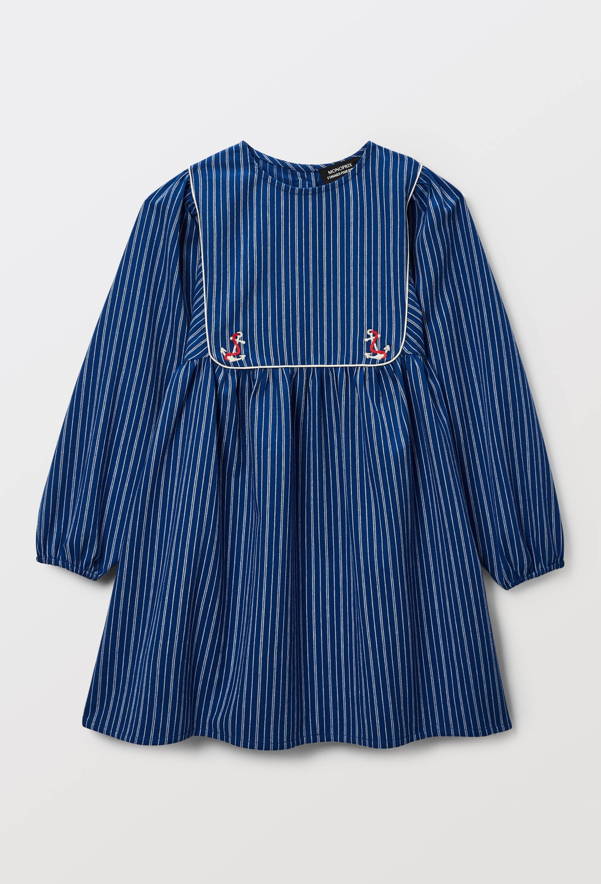 Robe ray&eacute;e et brod&eacute;e, Bleu fonc&eacute;, large image number 1