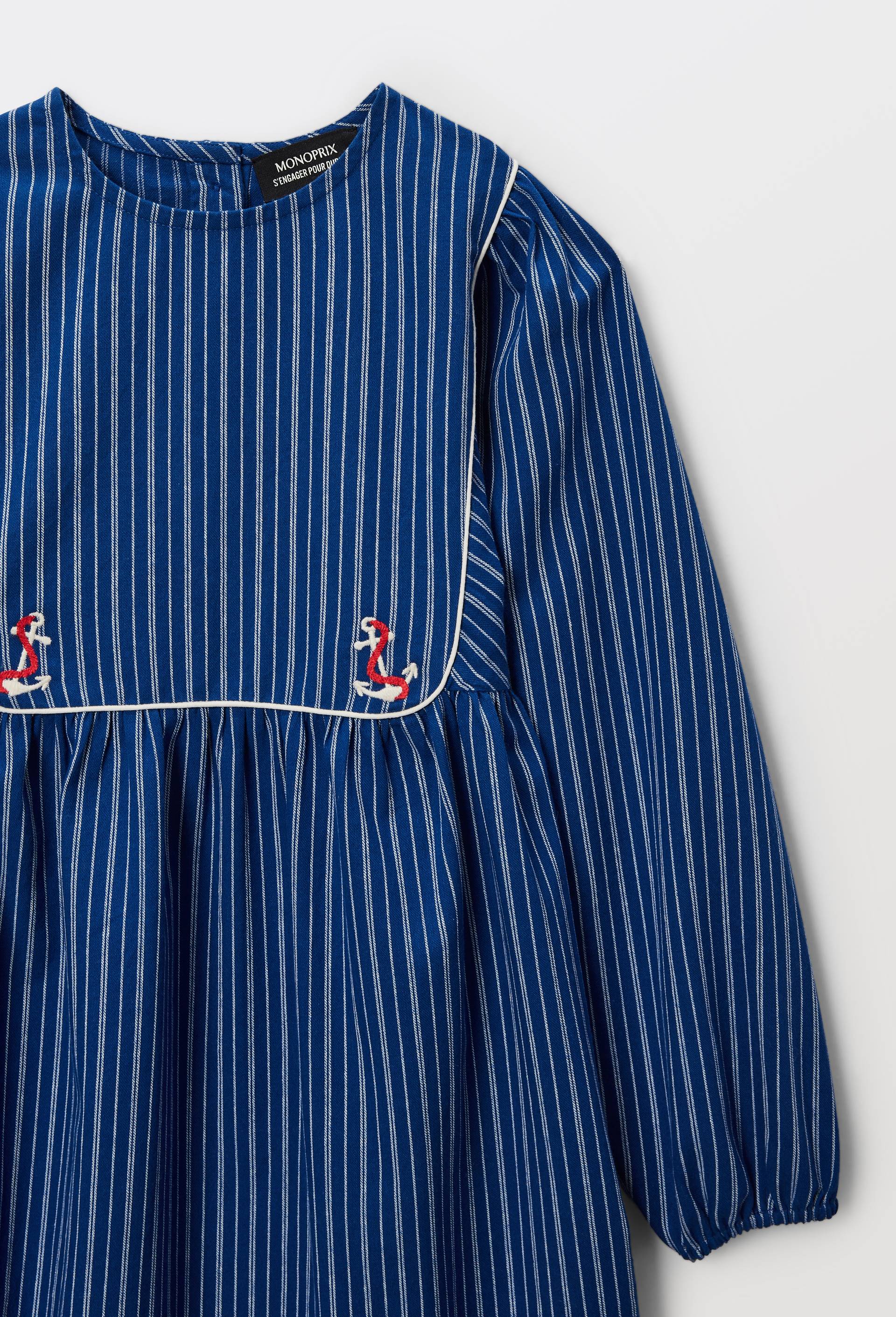 Robe ray&eacute;e et brod&eacute;e, Bleu fonc&eacute;, large image number 3.0