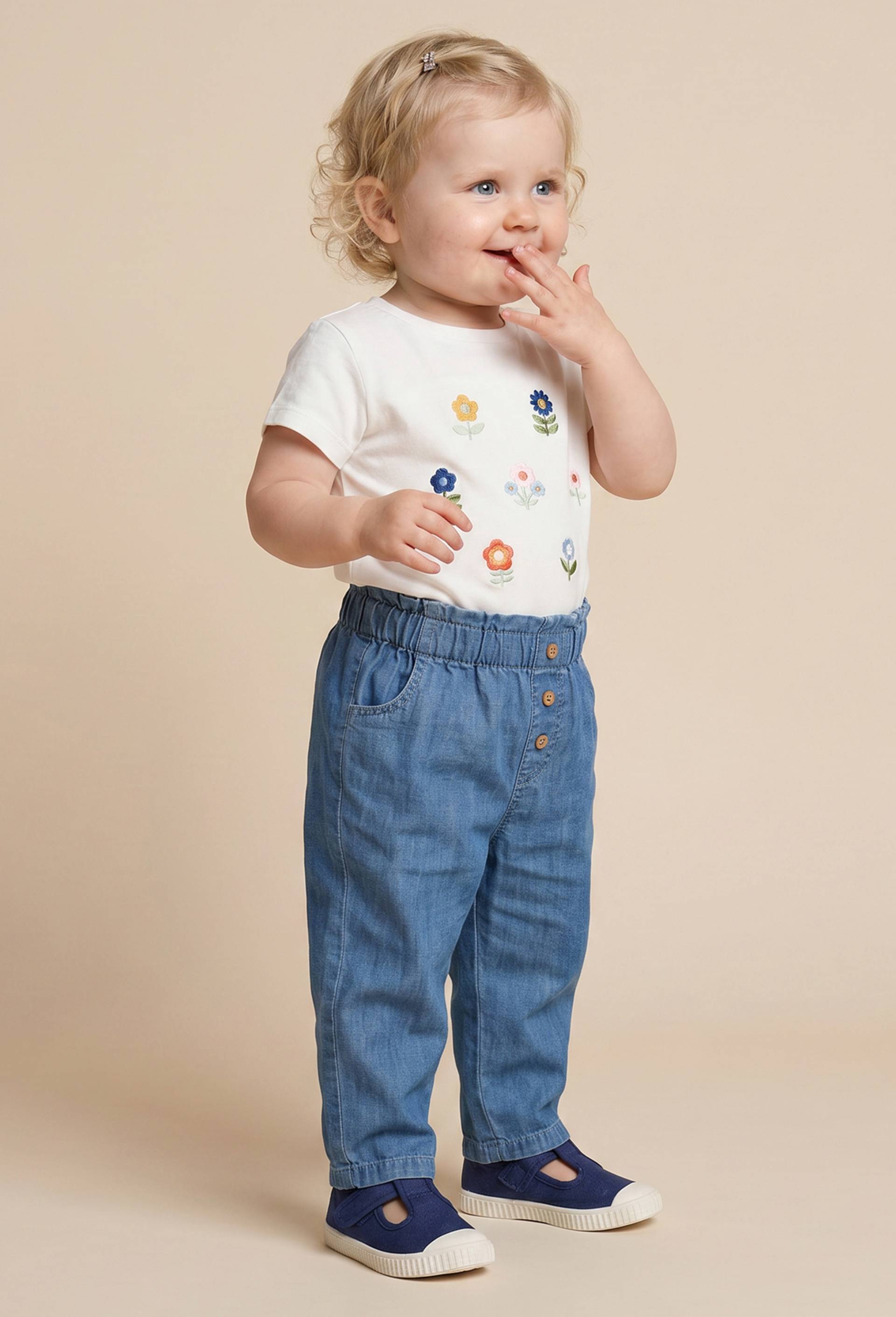 Pantalon taille &eacute;lastique uni en chambray en coton BIO GOTS, Bleu, large image number 0