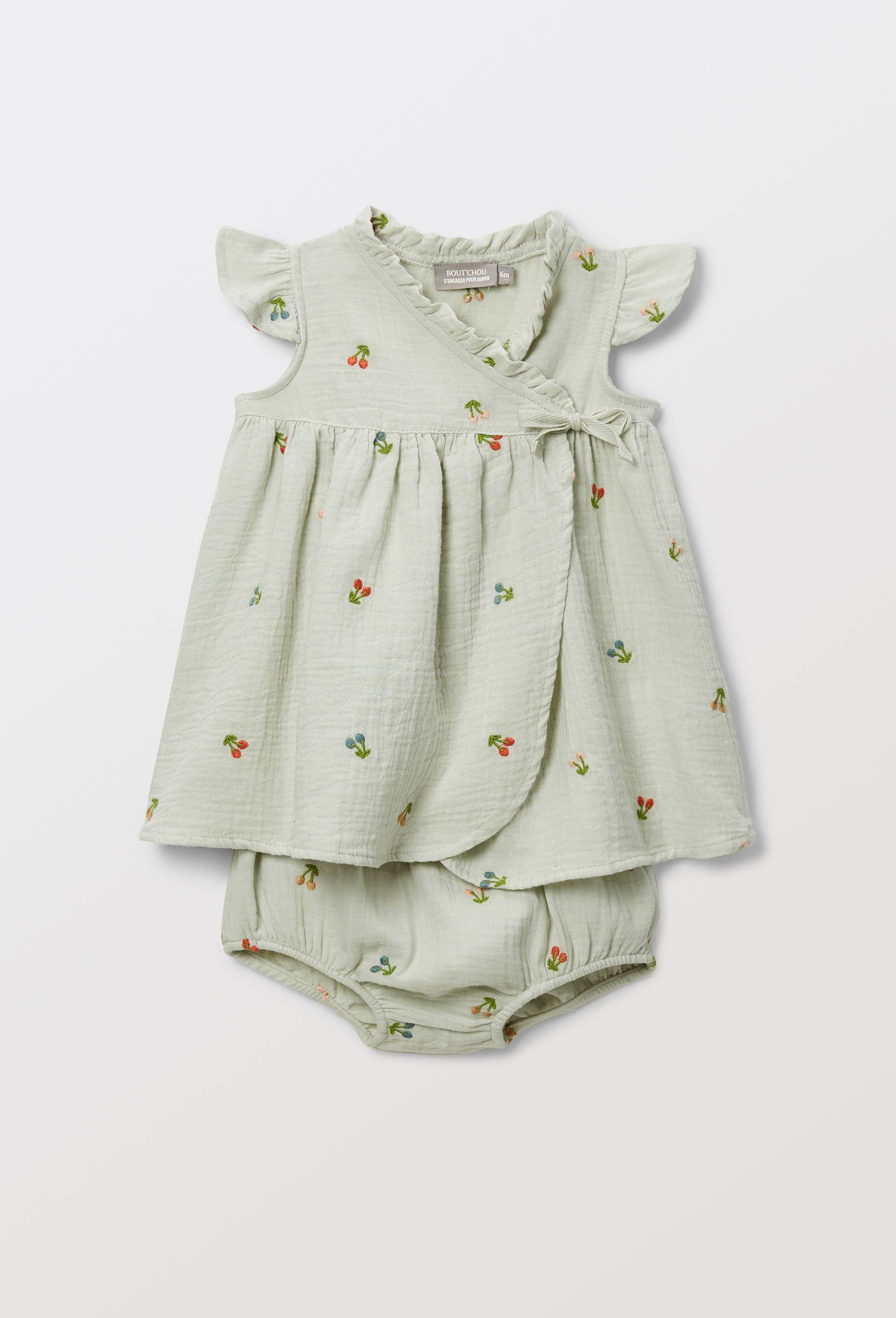 Robe portefeuille avec bloomer brod&eacute;s en gaze de coton BIO GOTS, Vert clair, large image number 0.0