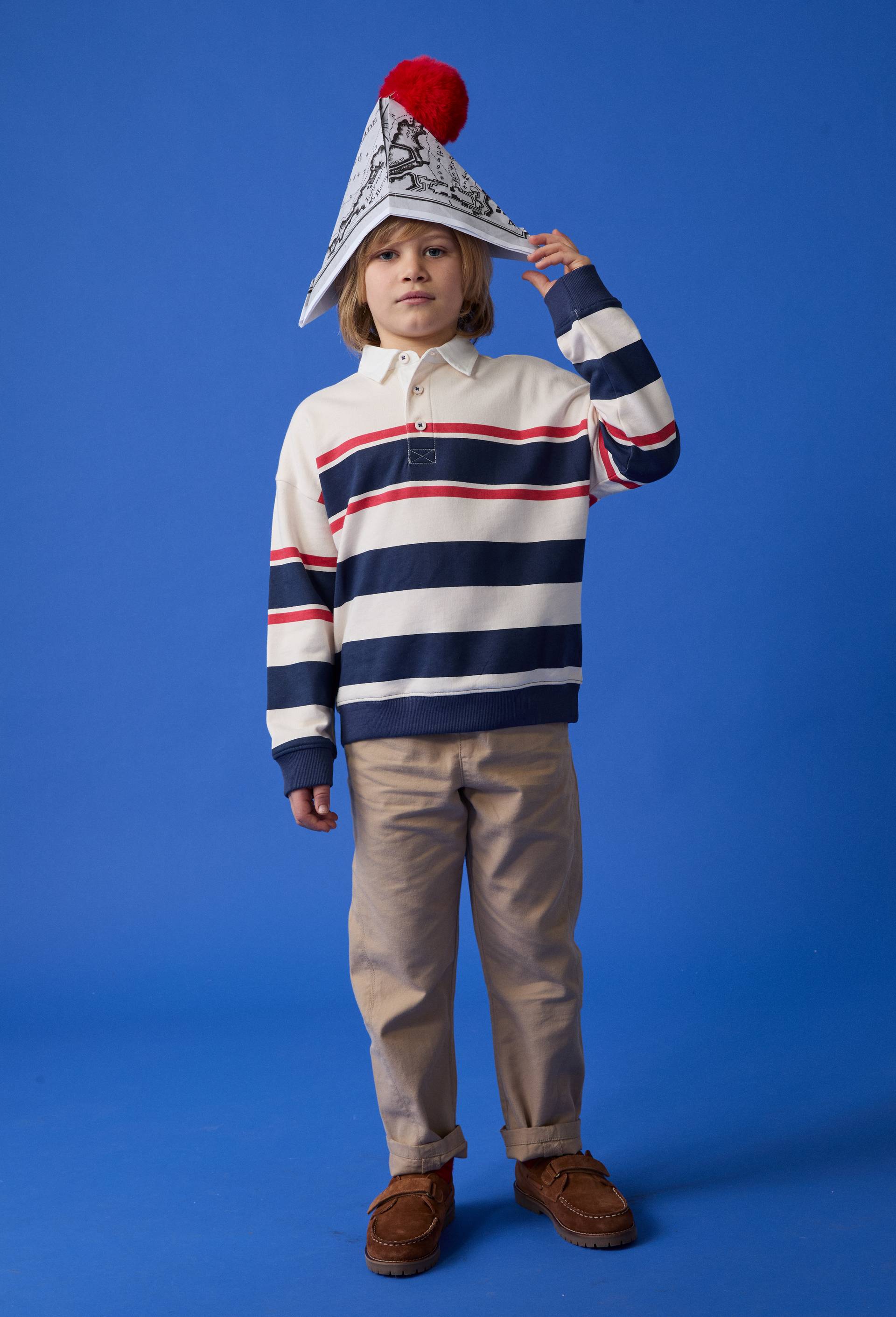 Sweat col polo ray&eacute; en coton BIO GOTS, Beige clair, large image number 0