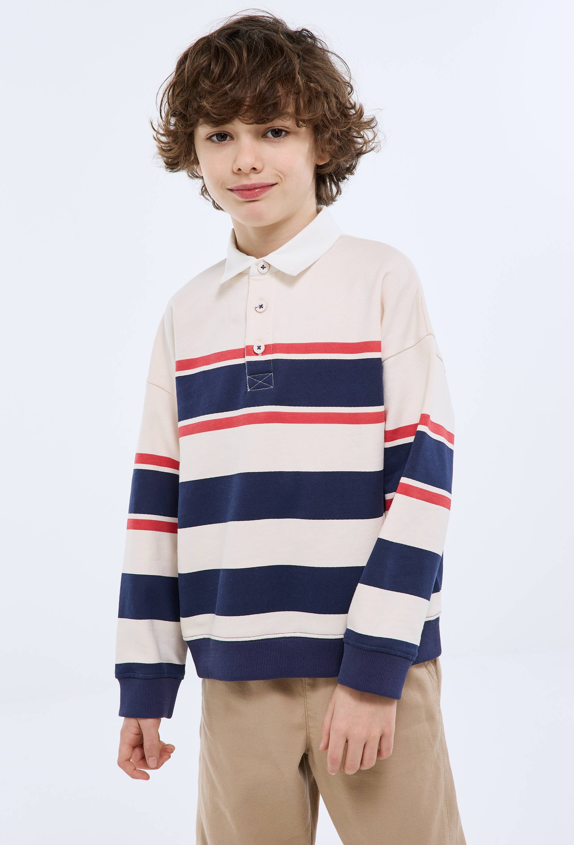Sweat col polo ray&eacute; en coton BIO GOTS, Beige clair, large image number 1