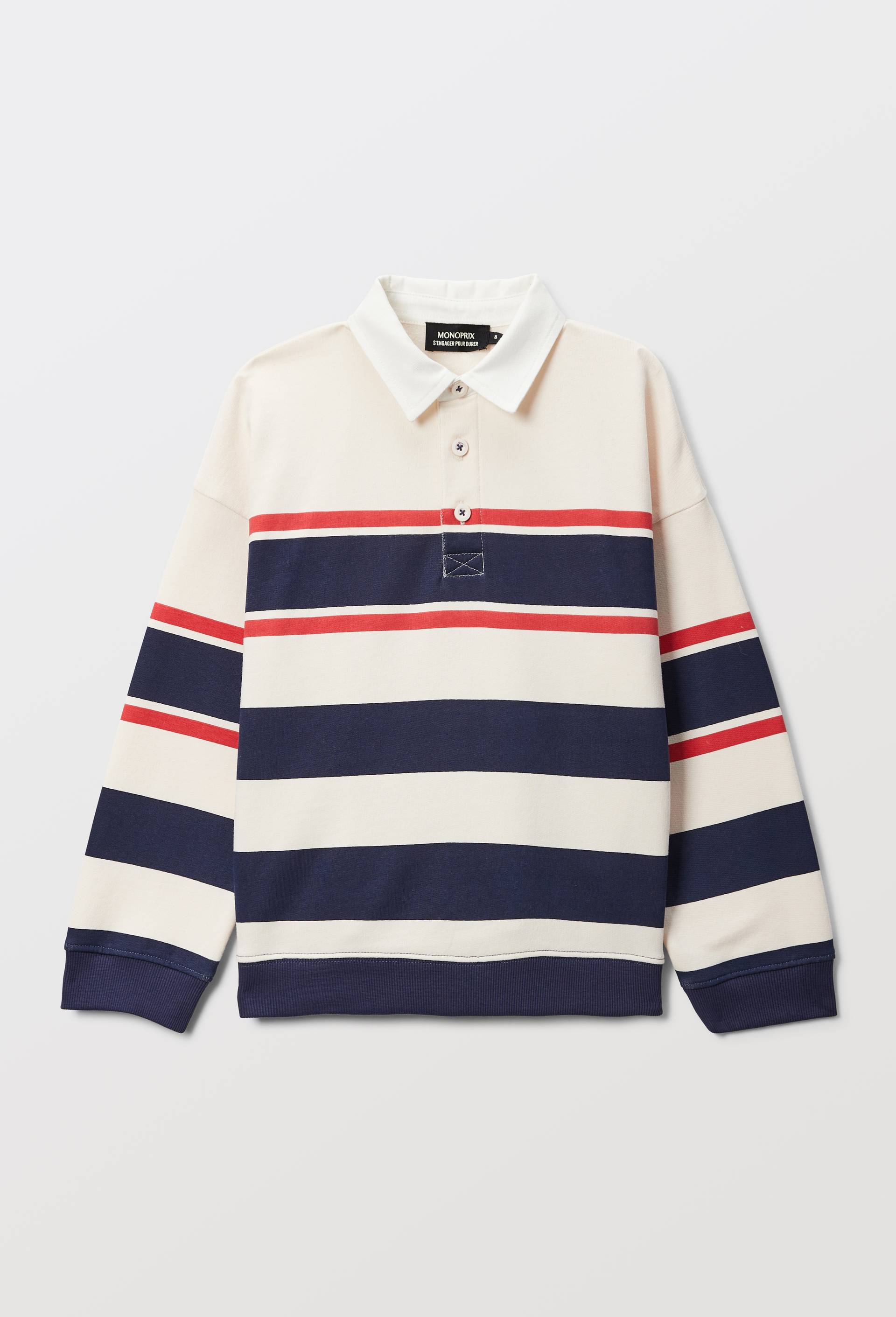 Sweat col polo ray&eacute; en coton BIO GOTS, Beige clair, large image number 2.0