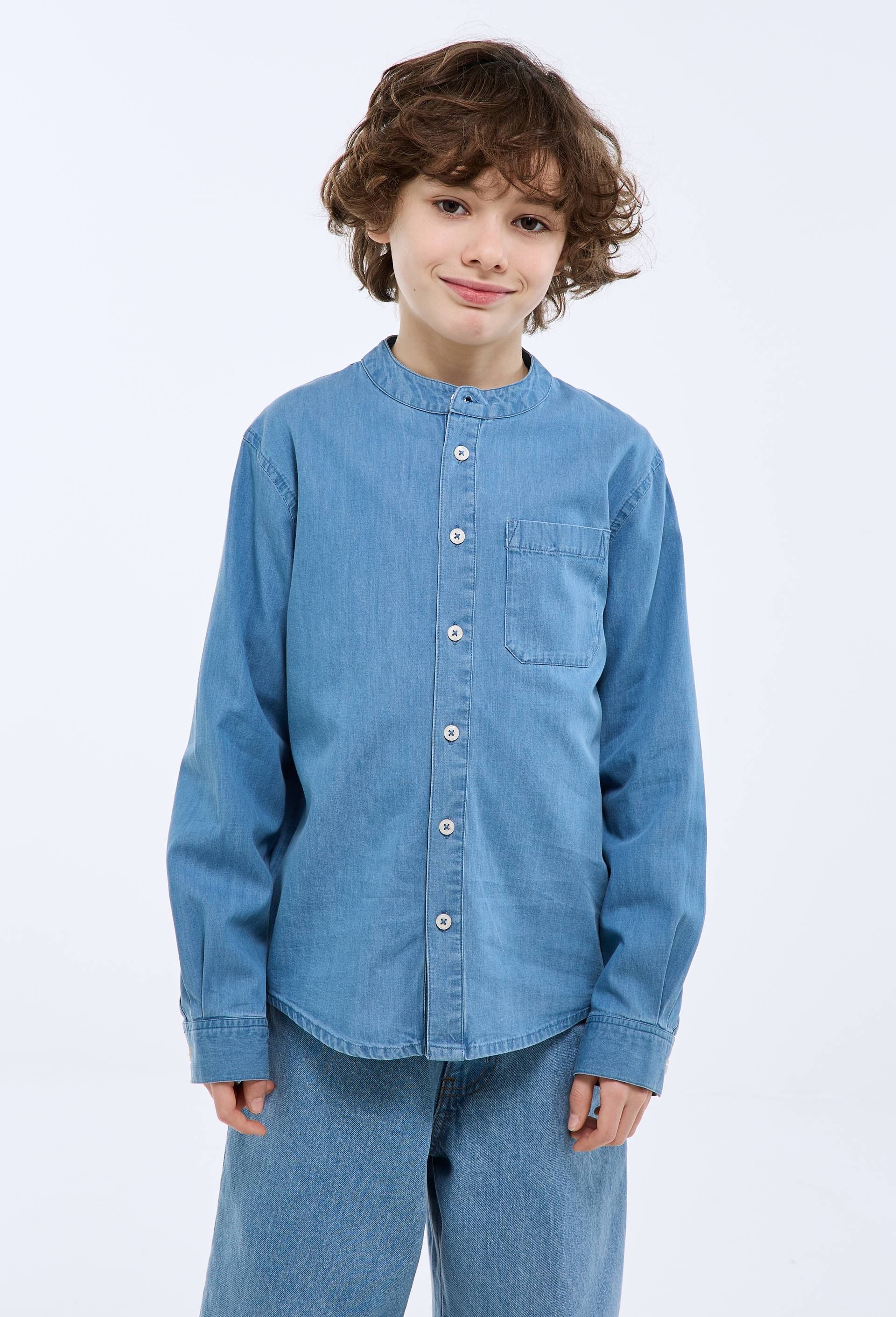 Chemise en chambray col mao en coton, Bleu fonc&eacute;, swatch image