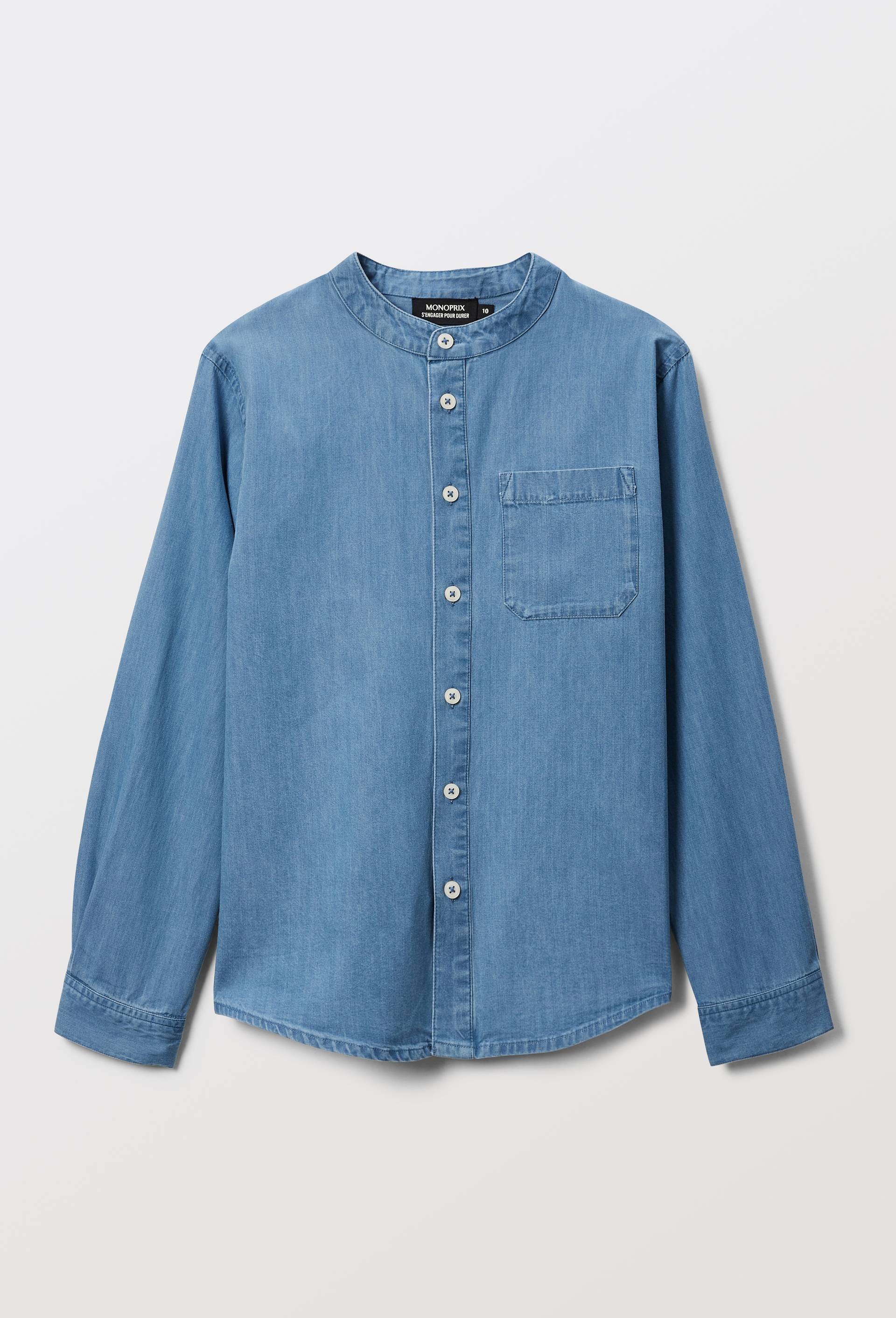 Chemise en chambray col mao en coton, Bleu fonc&eacute;, large image number 1