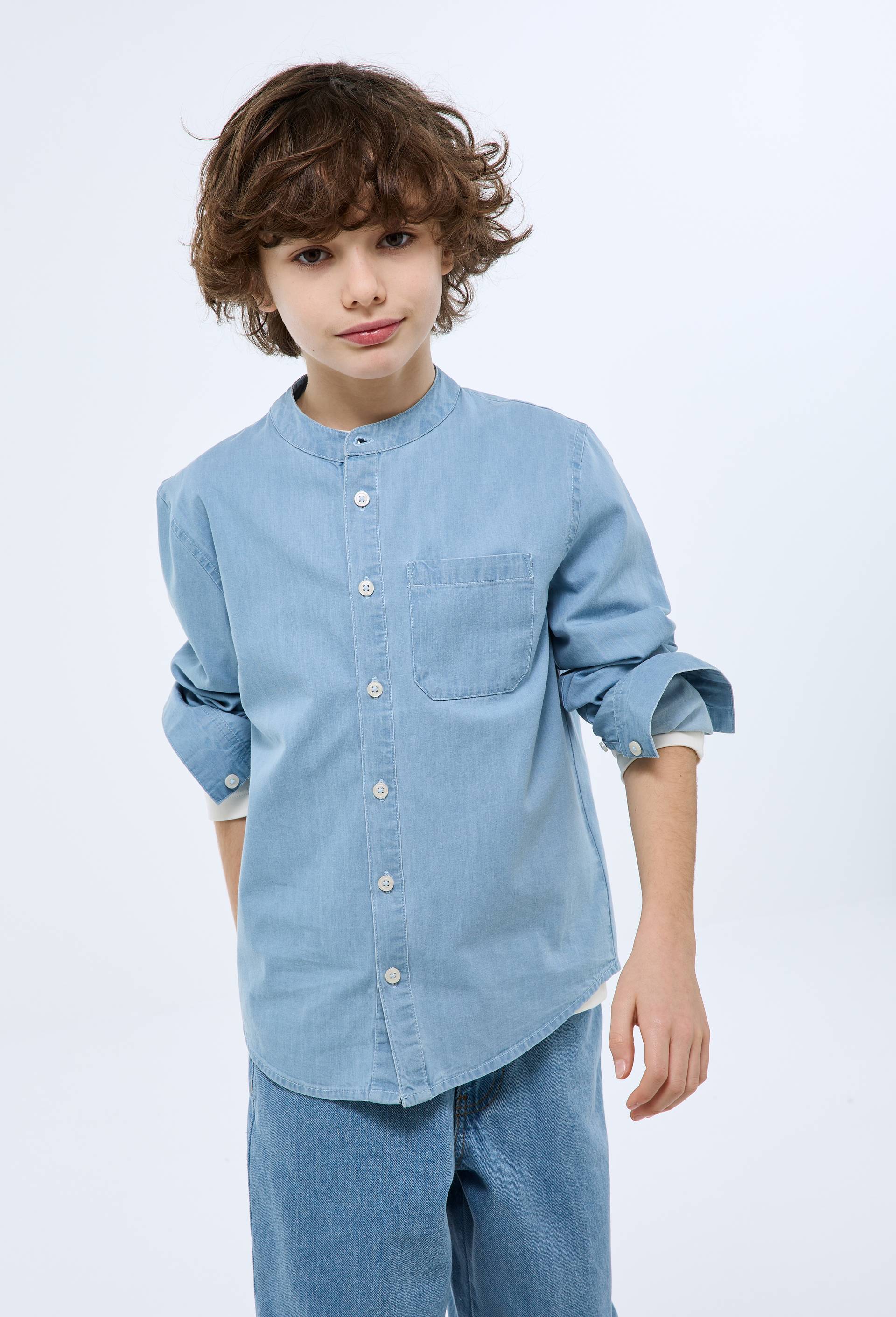 Chemise en chambray col mao en coton, Bleu clair, large image number 0