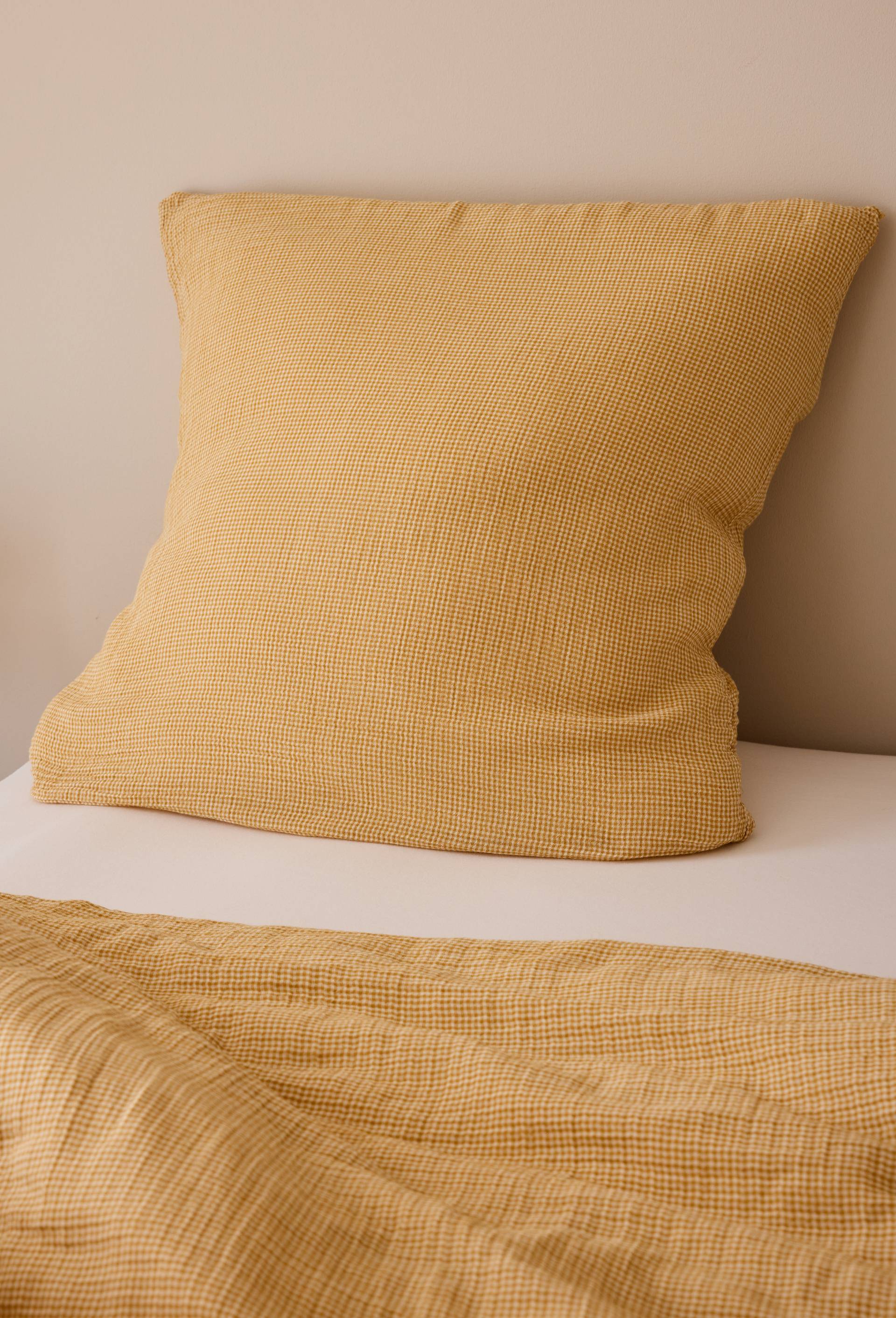 Taie oreiller vichy, gaze de coton, 100% coton bio GOTS, Jaune fonc&eacute;, large image number 0