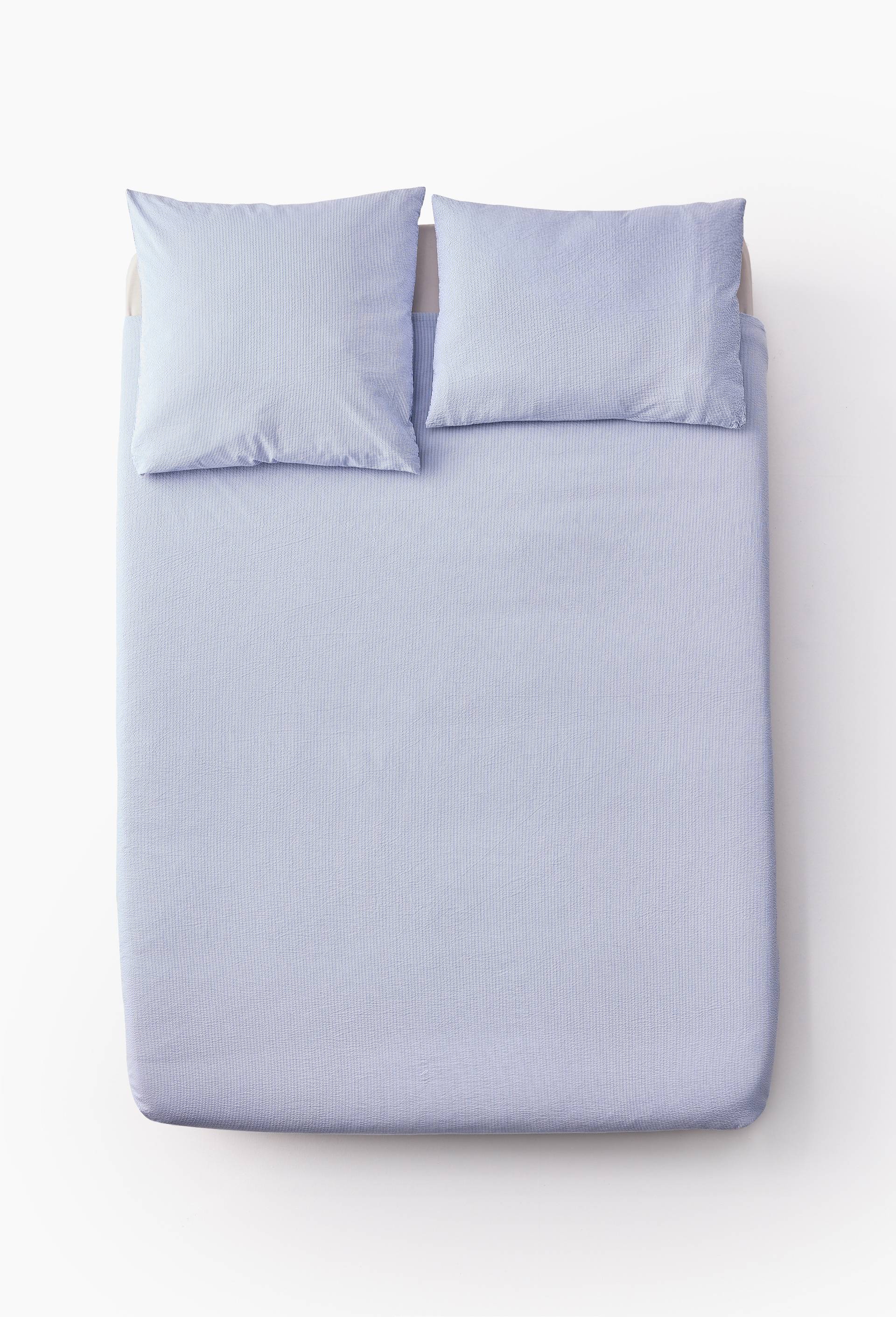 Housse de couette ray&eacute; seersucker , percale de coton bio GOTS, Bleu clair, large image number 1