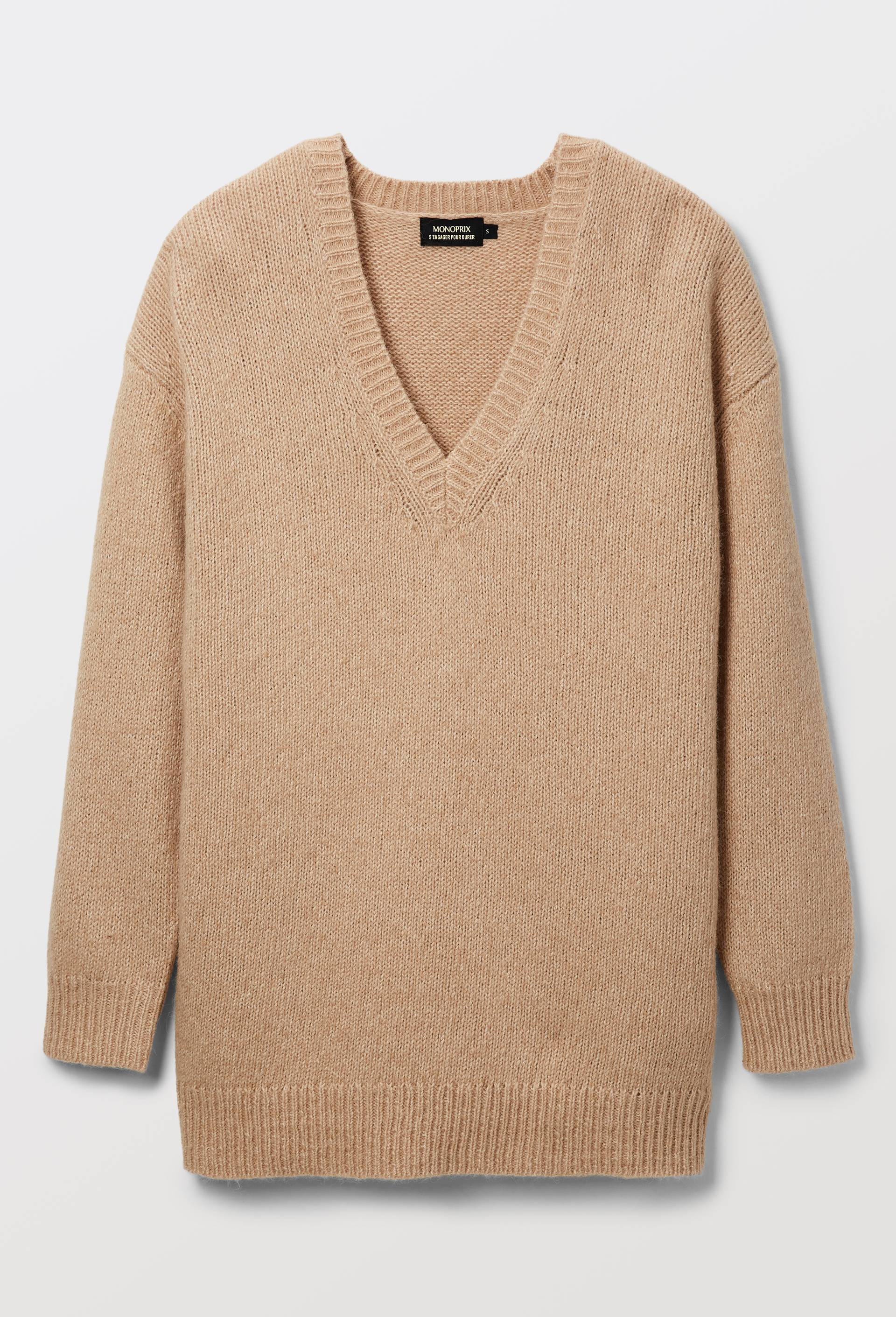 Pull long col V contenant de l'alpaga, Beige, large image number 3