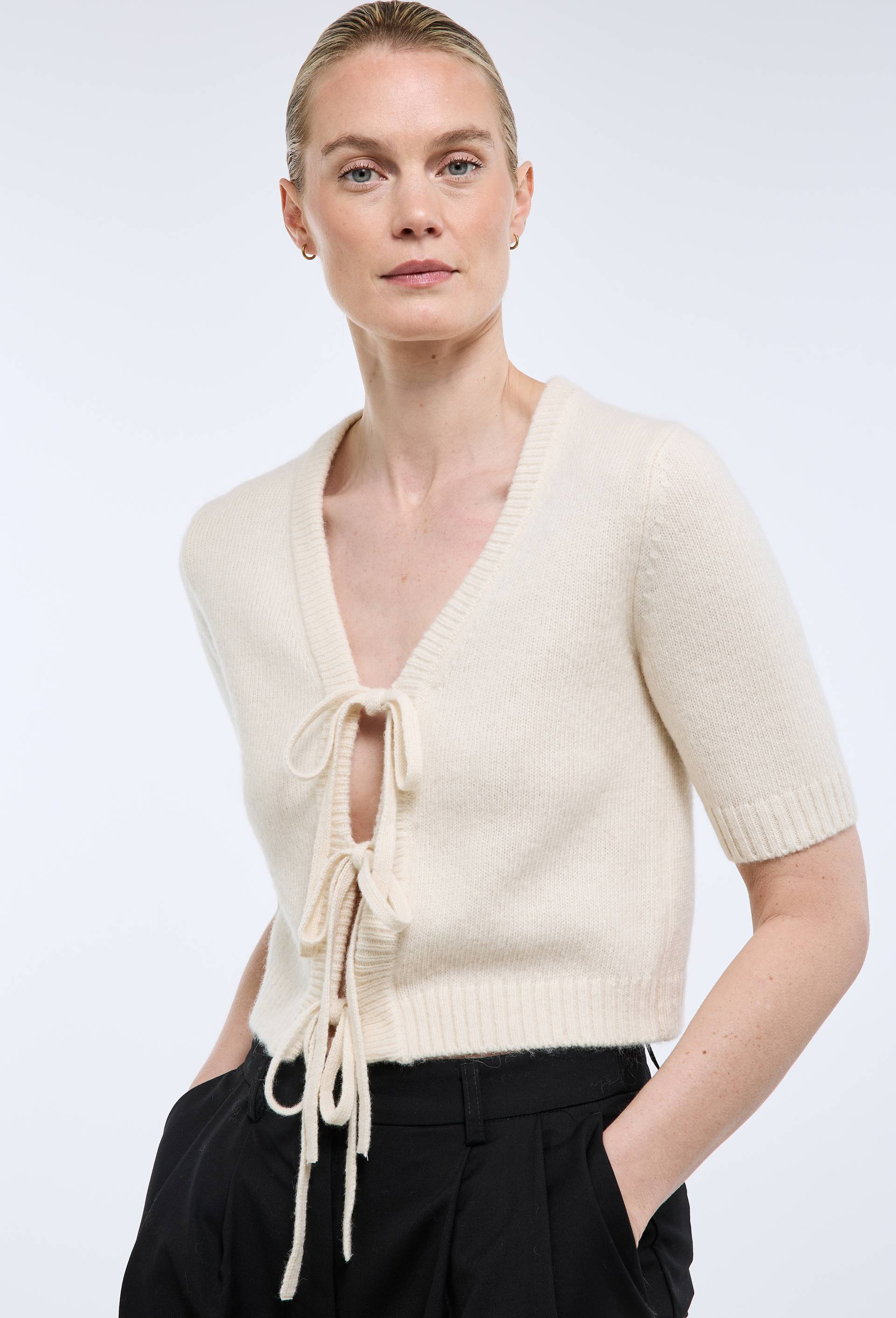Cardigan en maille &agrave; nouer manches courtes, Ecru, large image number 0