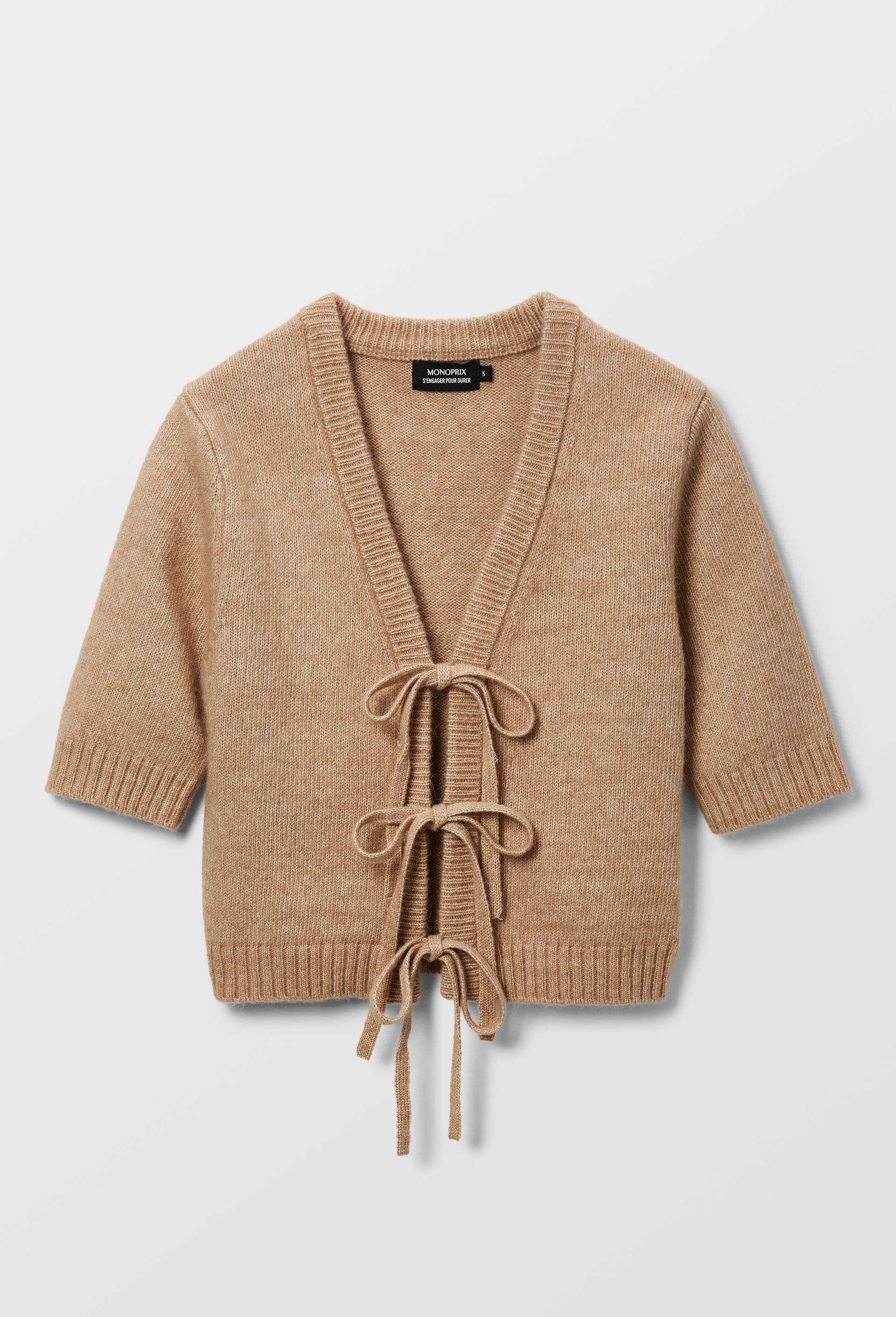 Cardigan en maille &agrave; nouer manches courtes, Beige, large image number 2.0