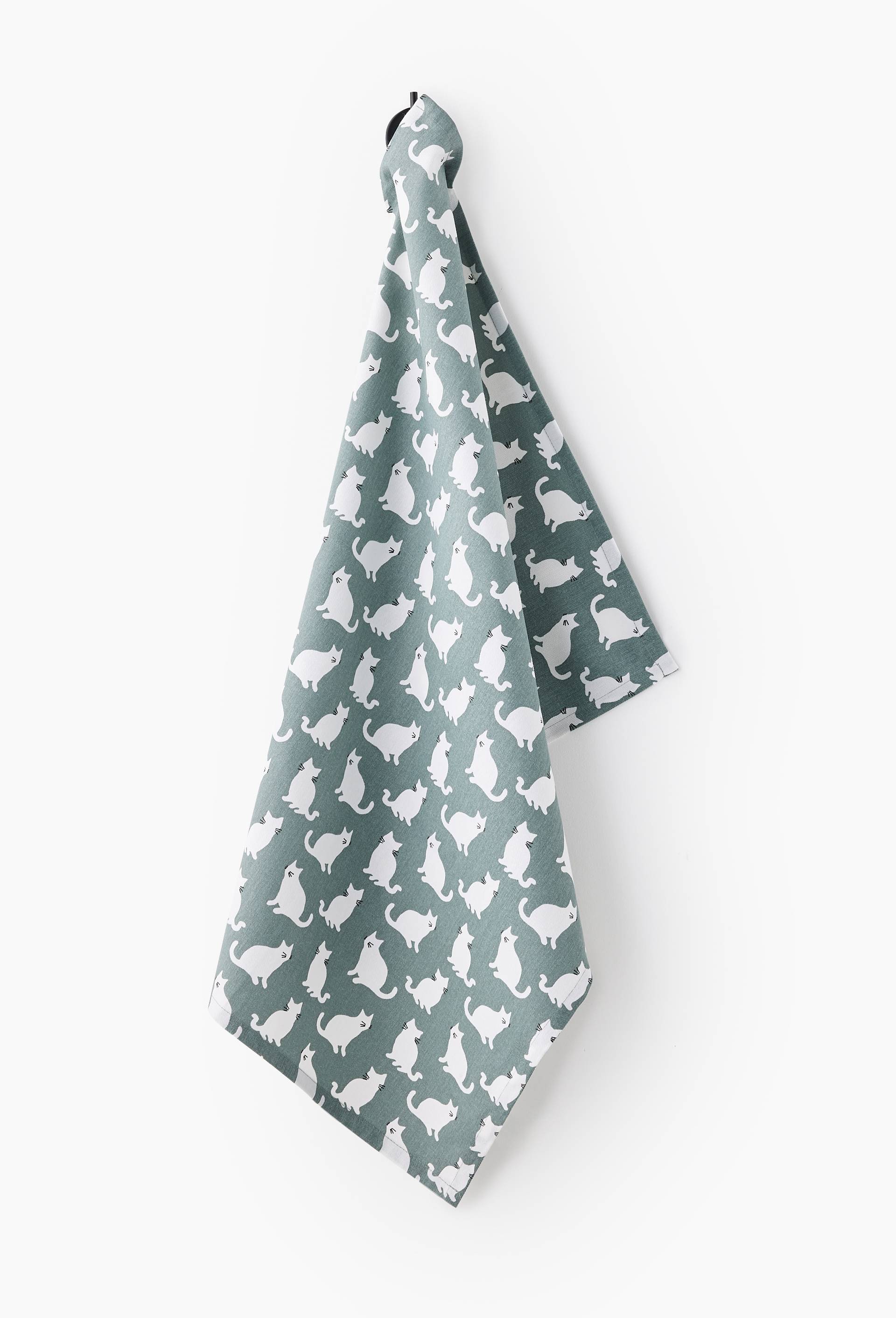 Torchon print gros chat, 50x70cm, coton, Vert clair, large image number 0
