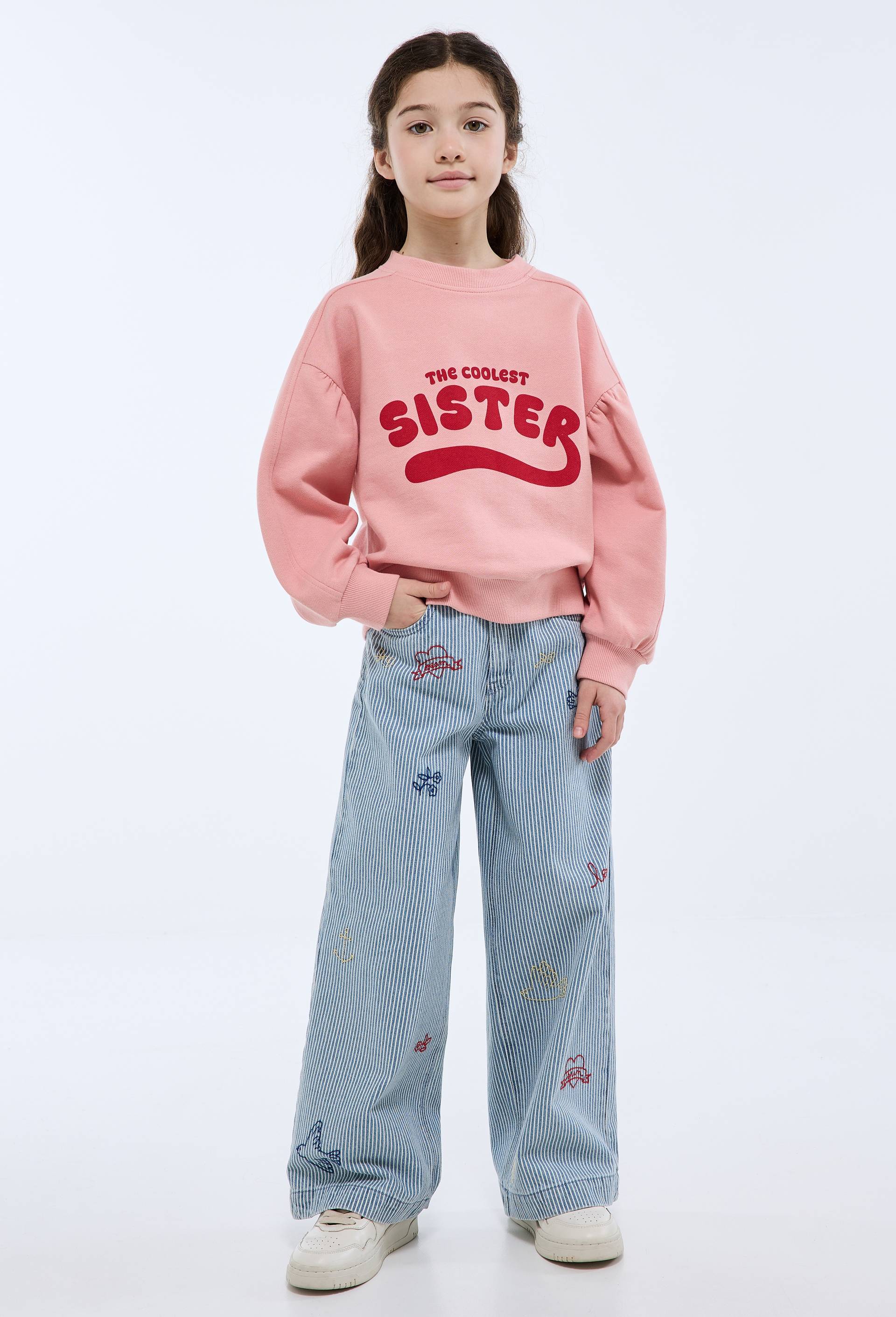 Jean large &agrave; rayures brod&eacute;, Bleu clair, large image number 1