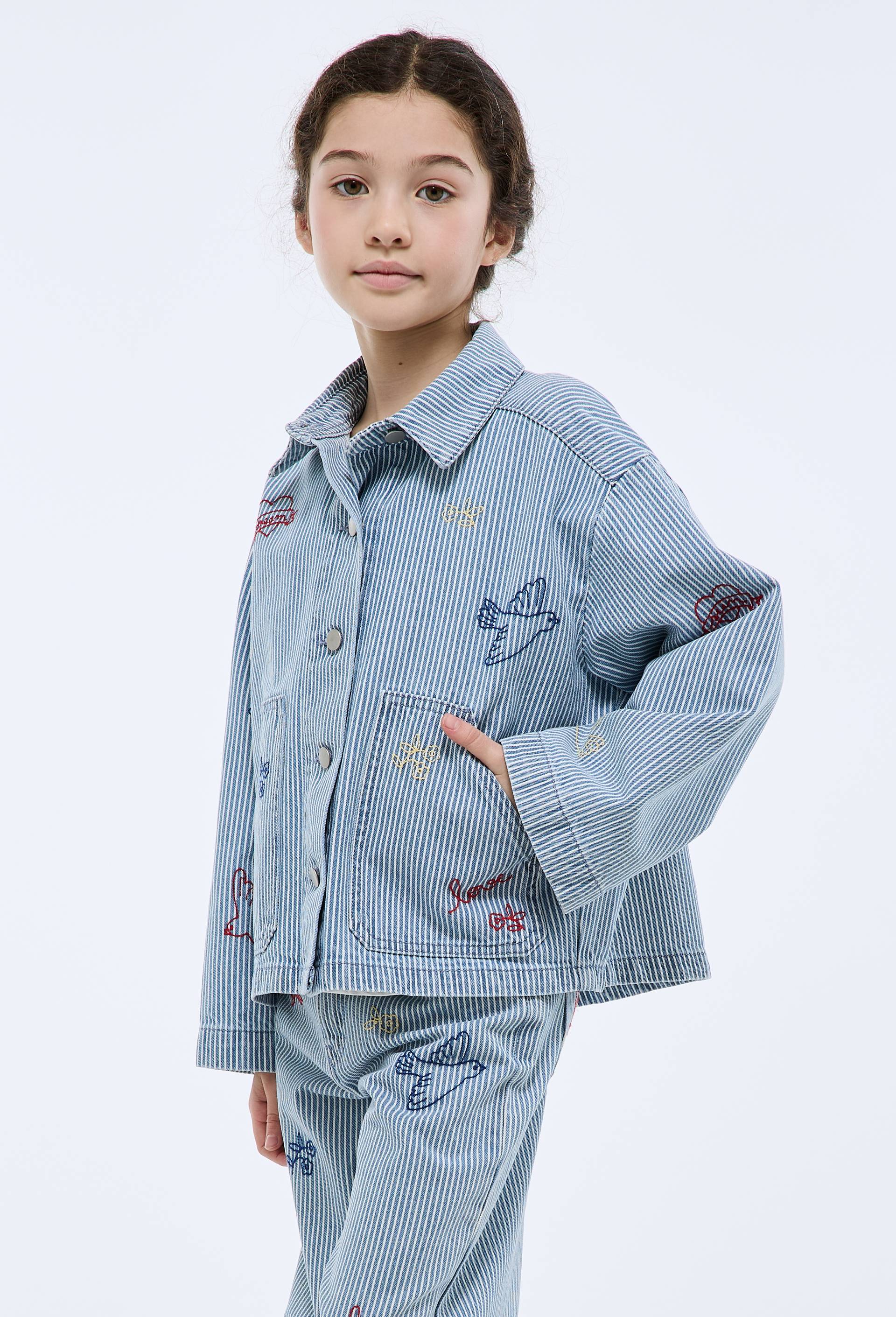 Veste en jean ray&eacute;e brod&eacute;e, Bleu clair, large image number 0