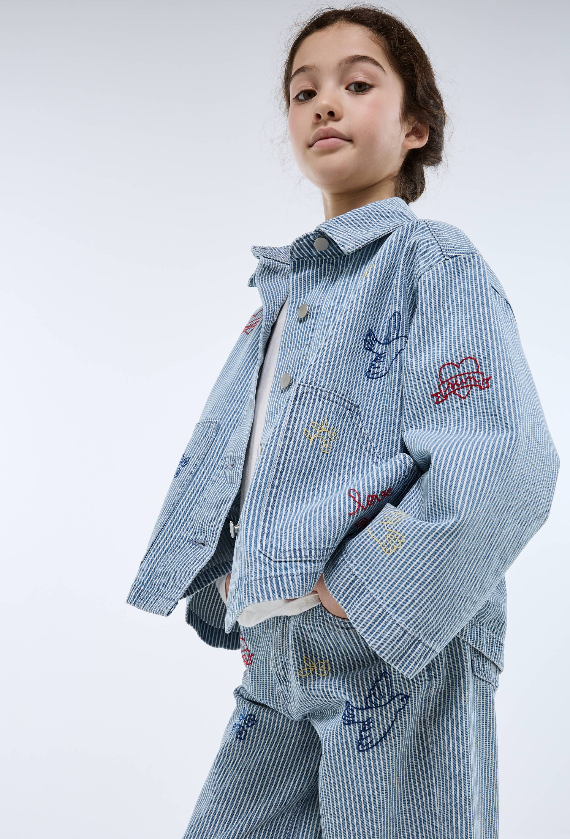 Veste en jean ray&eacute;e brod&eacute;e, Bleu clair, large image number 1.0
