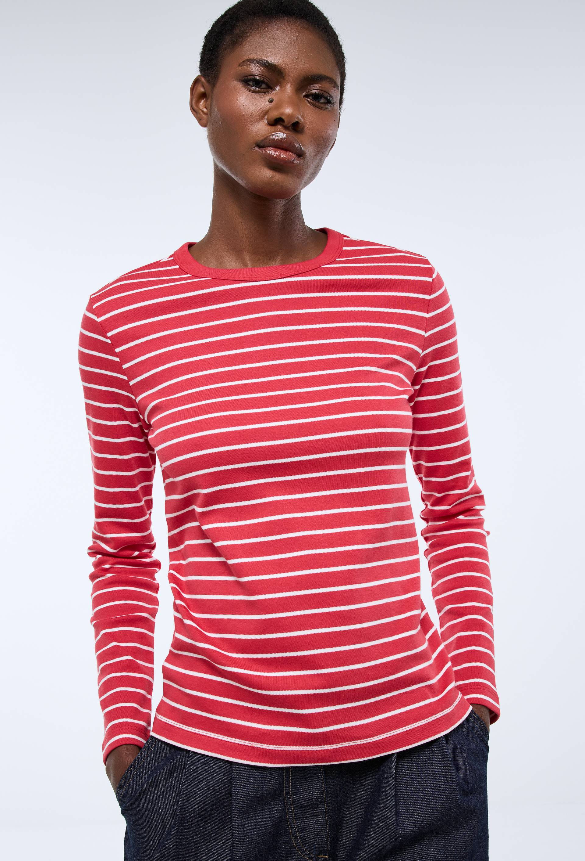 T-shirt &agrave; manches longues ray&eacute; &eacute;pais en coton BIO GOTS, Rouge, large image number 0.0