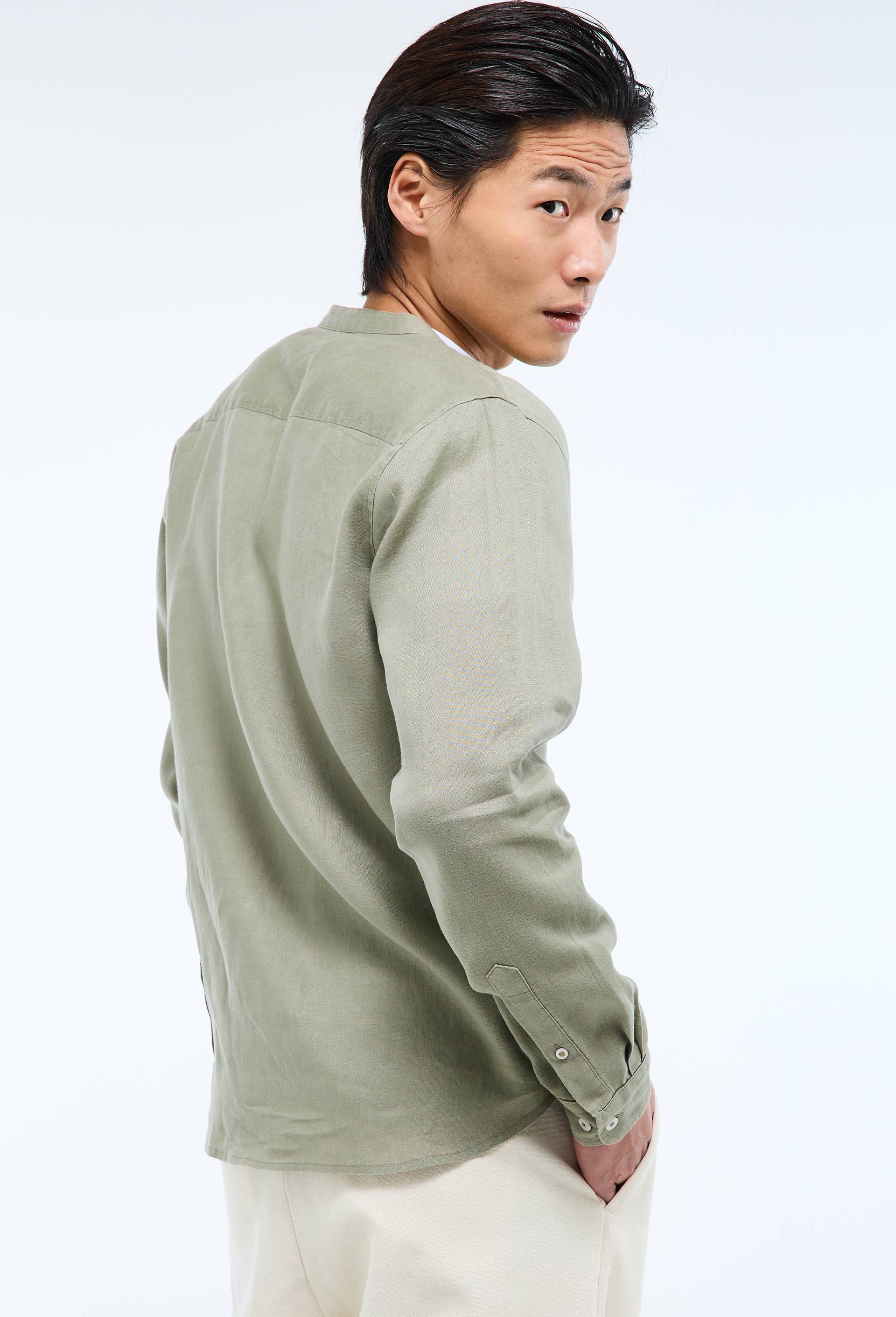Chemise manches longues col mao en lin, Vert, large image number 1.0
