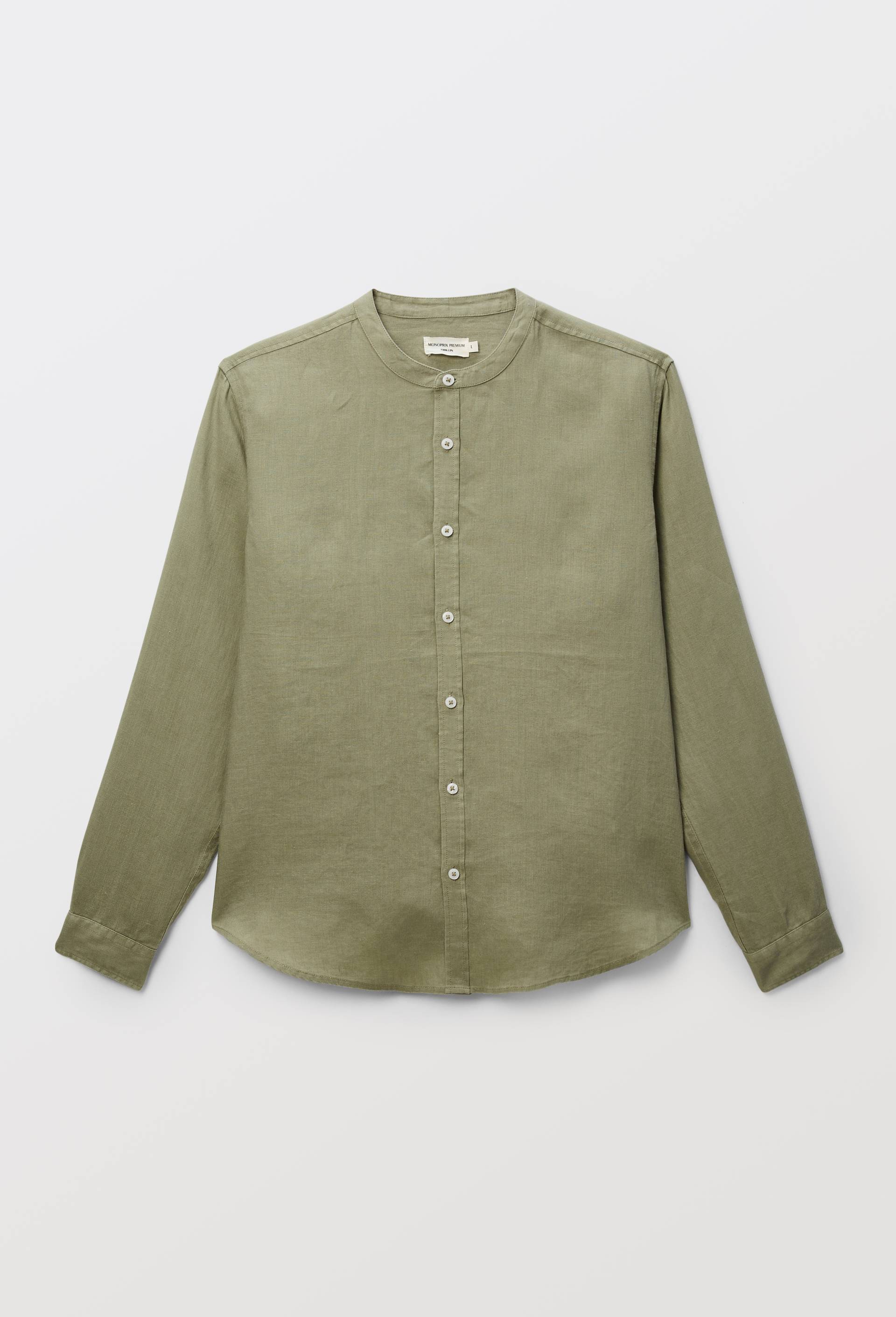 Chemise manches longues col mao en lin, Vert, large image number 2