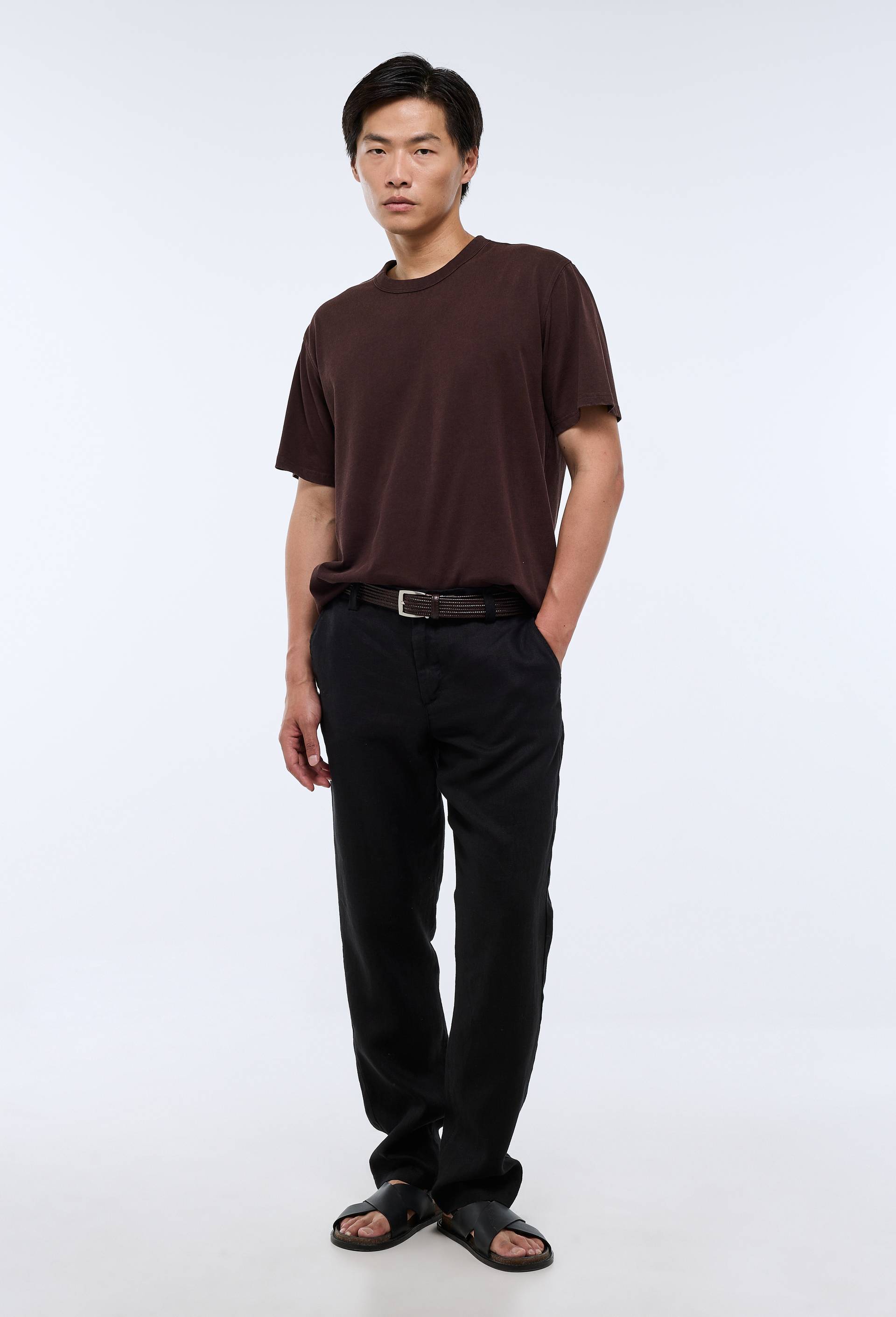 Pantalon boutonn&eacute; en lin, Noir, large image number 0.0
