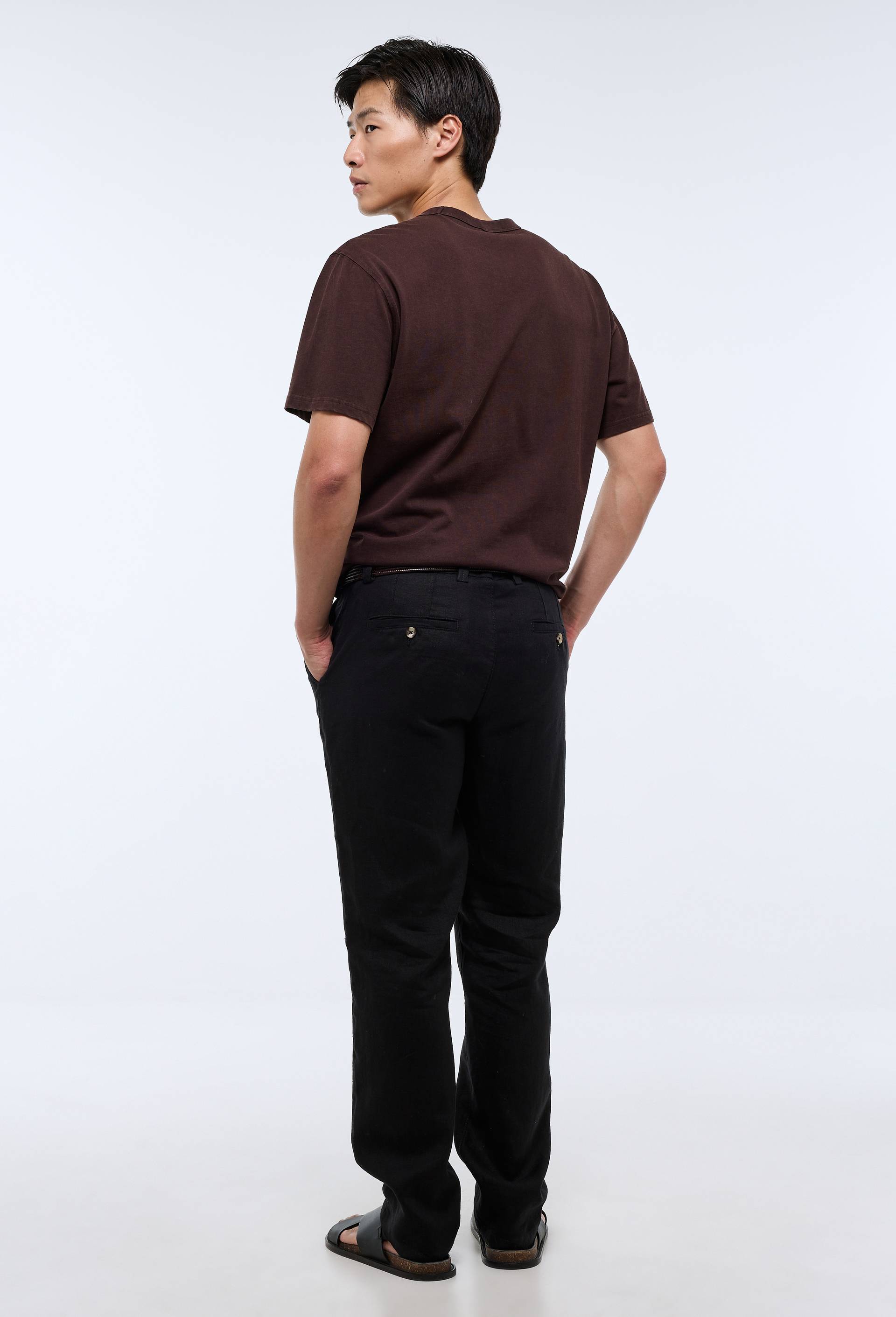 Pantalon boutonn&eacute; en lin, Noir, large image number 1