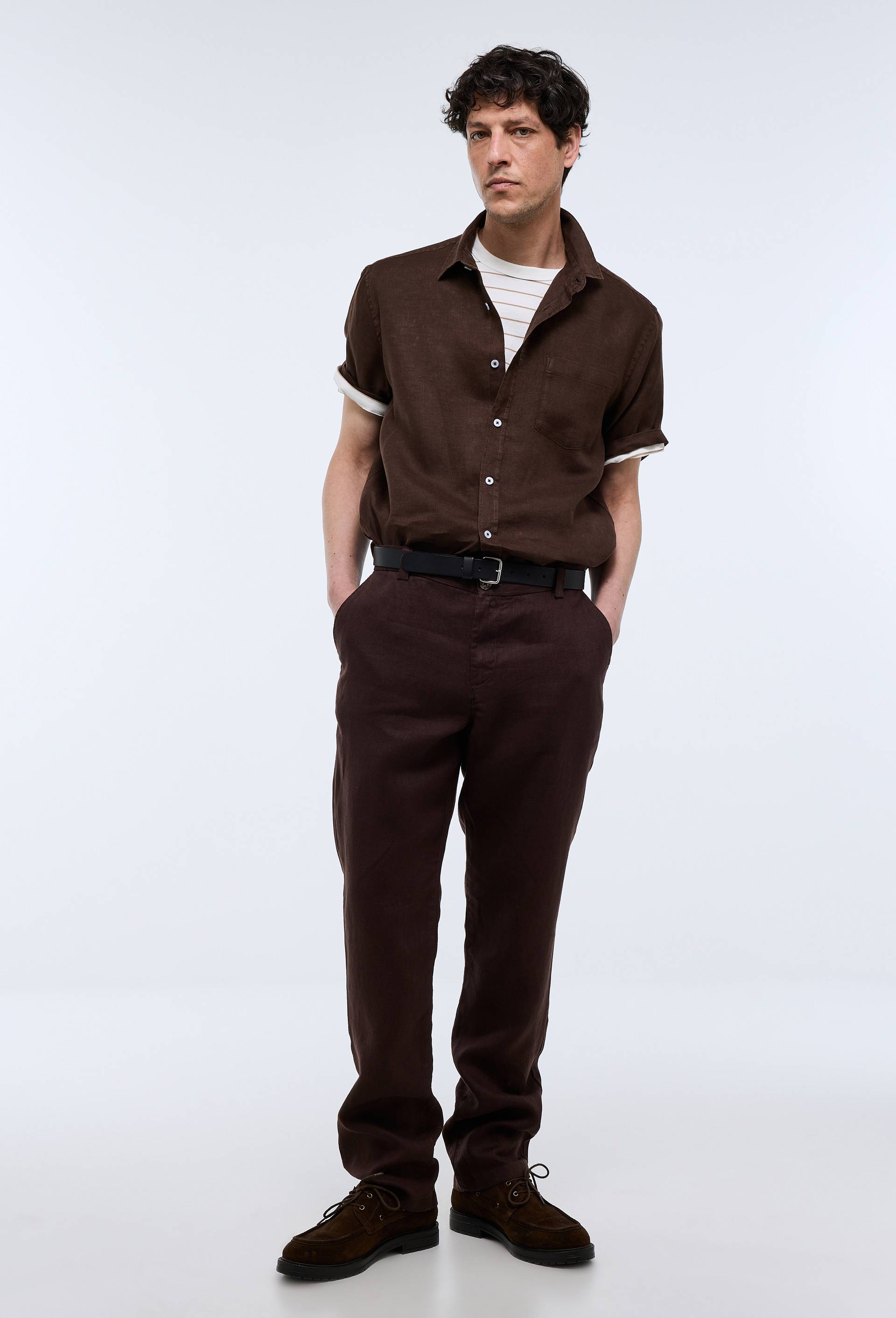 Pantalon boutonn&eacute; en lin, Brun fonc&eacute;, swatch image