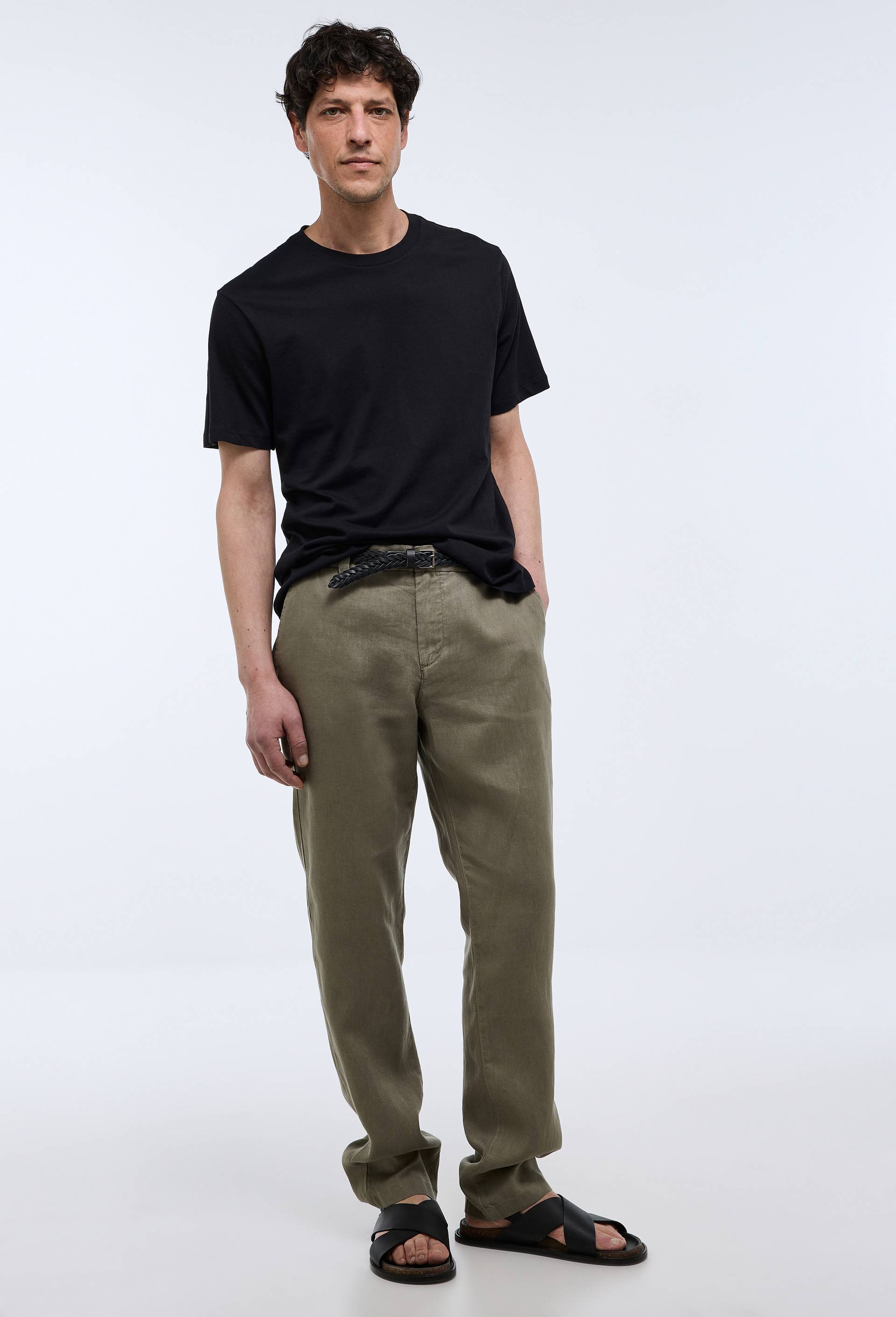Pantalon boutonn&eacute; en lin, Vert, large image number 0