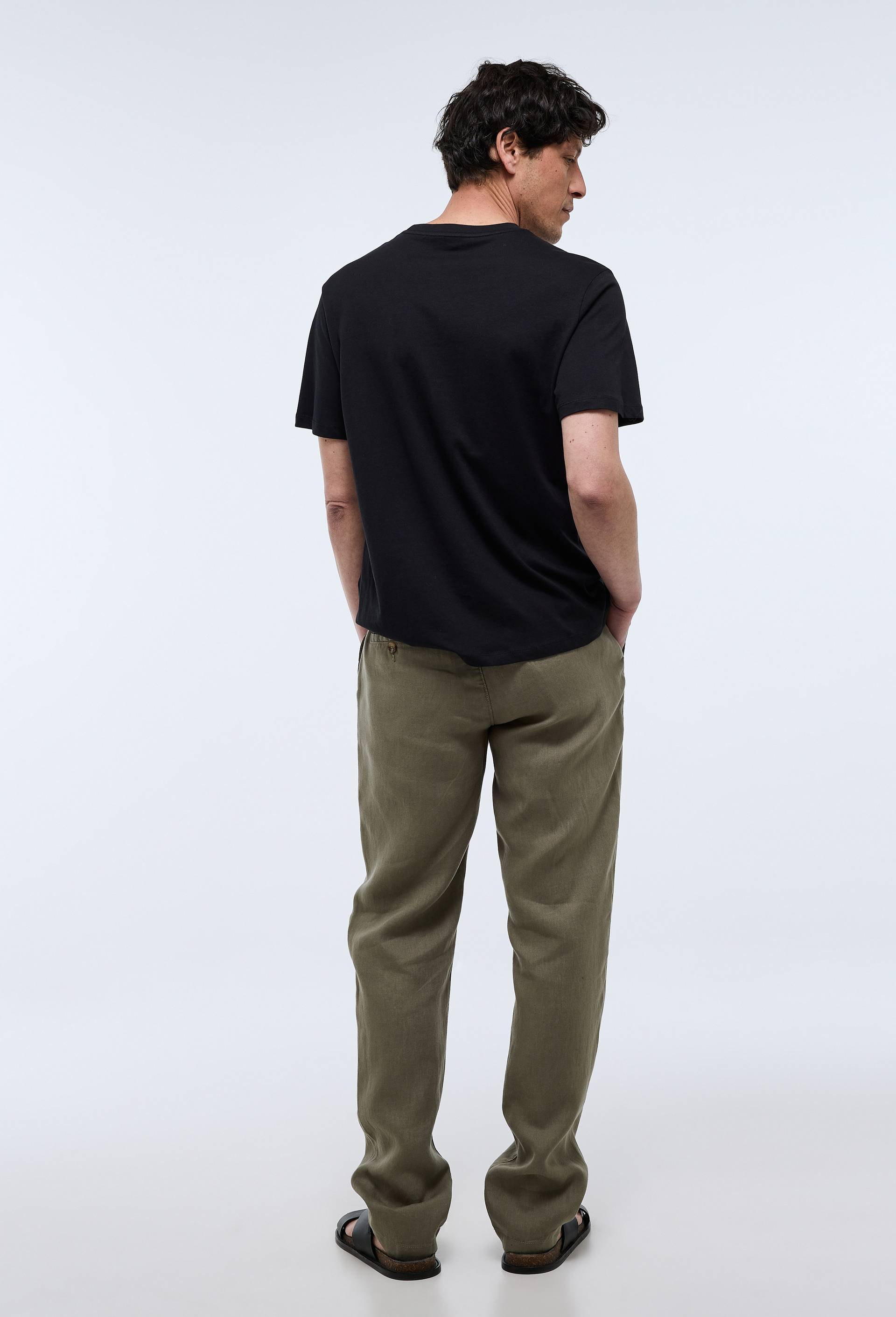 Pantalon boutonn&eacute; en lin, Vert, large image number 1