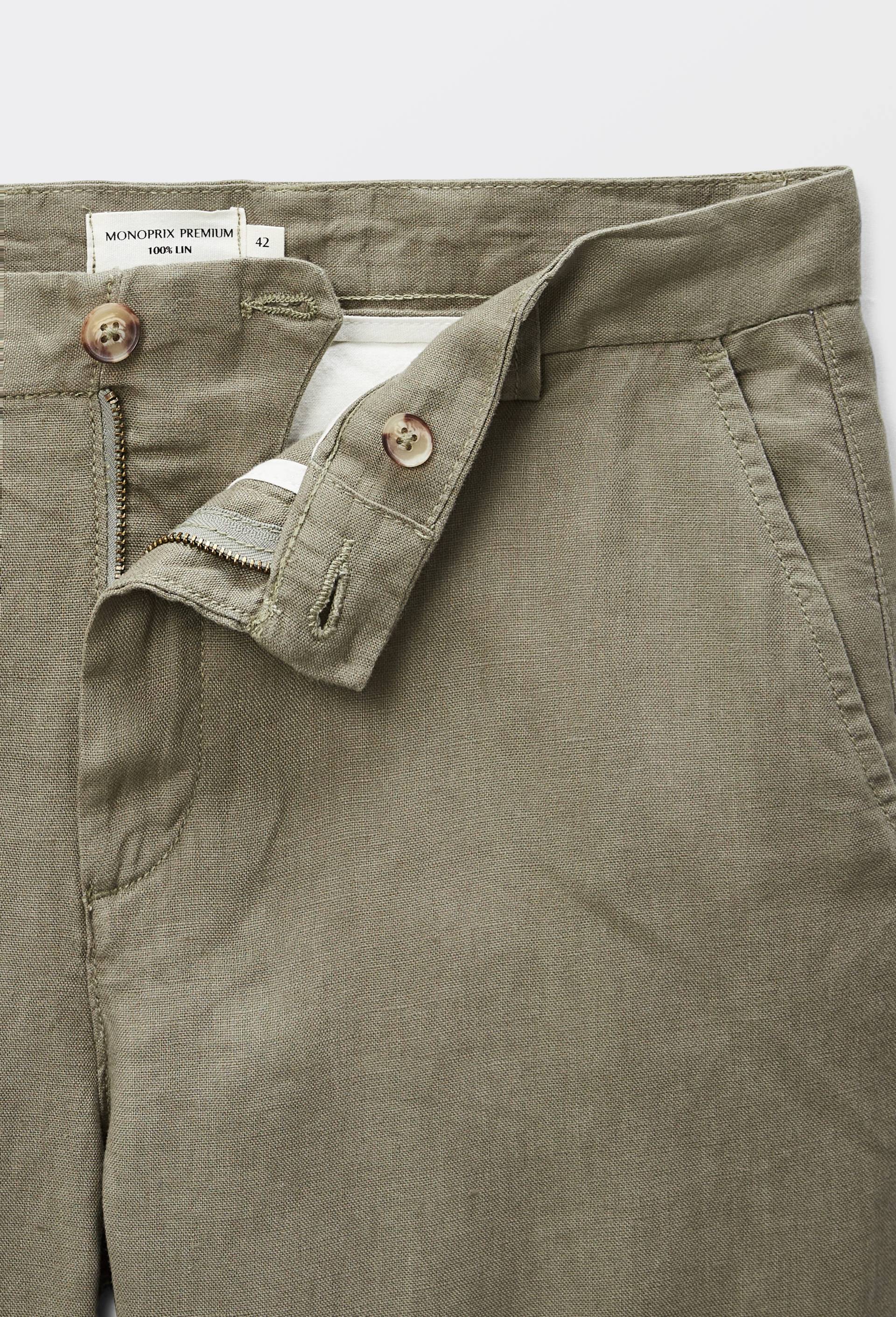 Pantalon boutonn&eacute; en lin, Vert, large image number 3.0