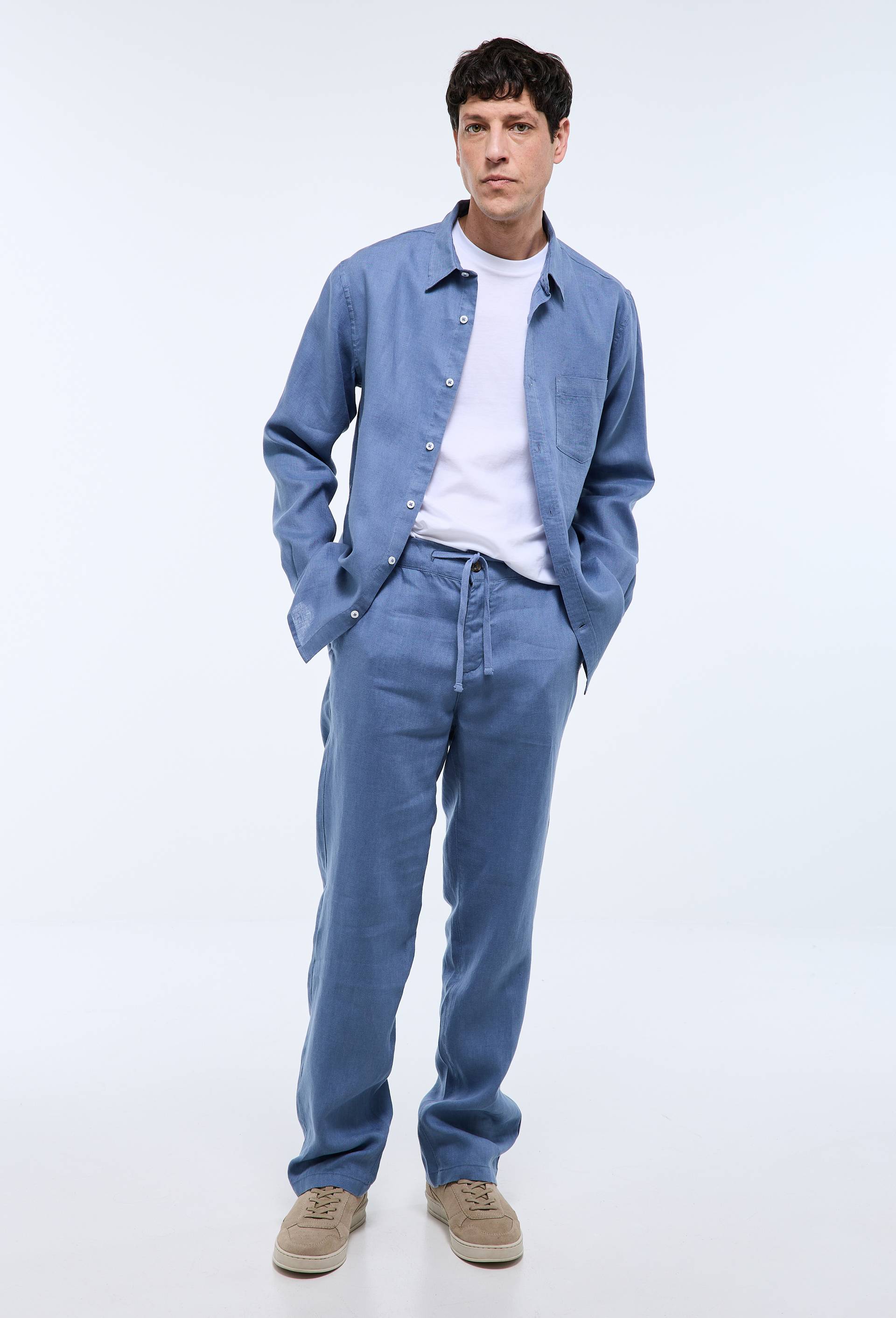 Pantalon &eacute;lastiqu&eacute; en lin, Bleu, large image number 0
