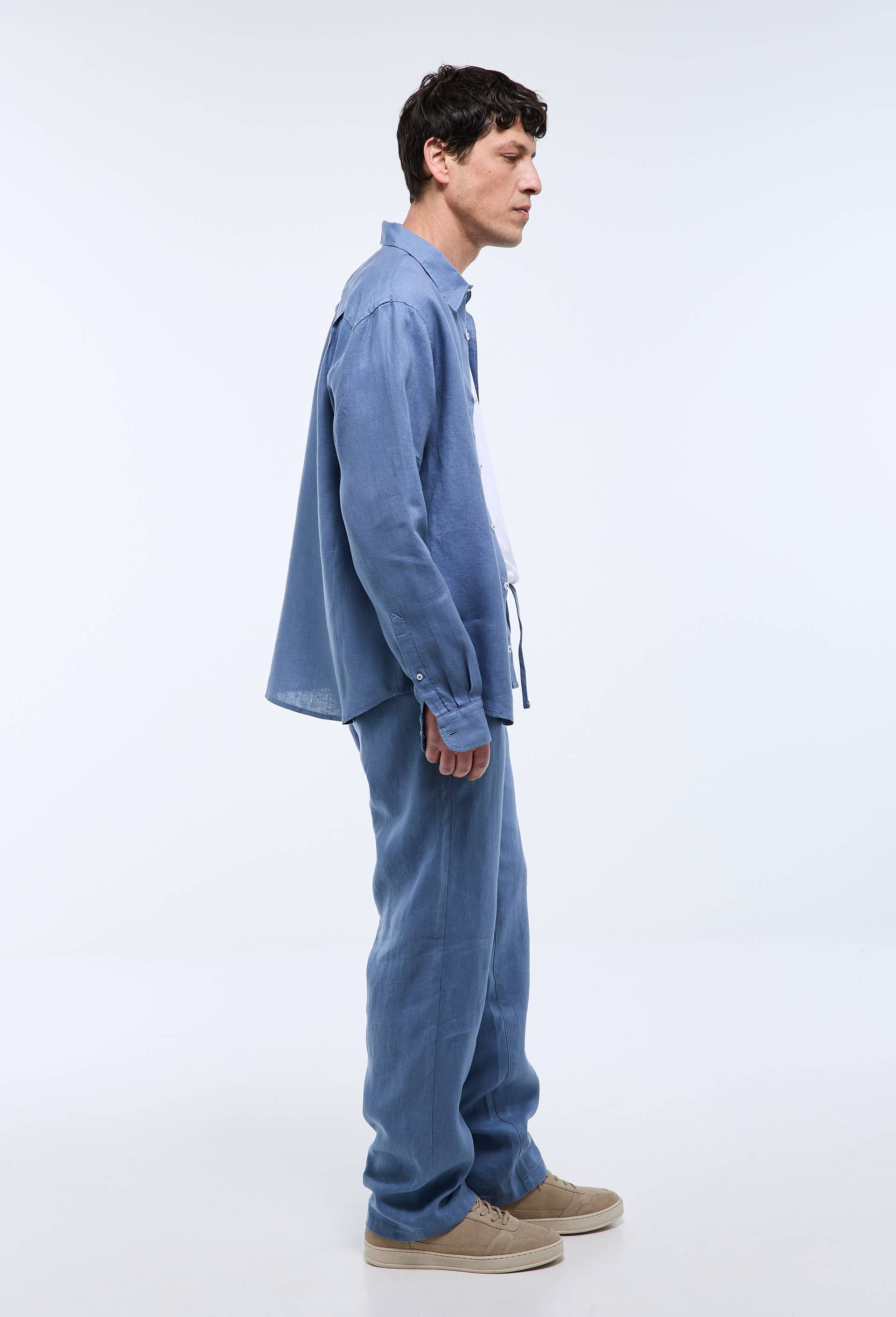 Pantalon &eacute;lastiqu&eacute; en lin, Bleu, large image number 1