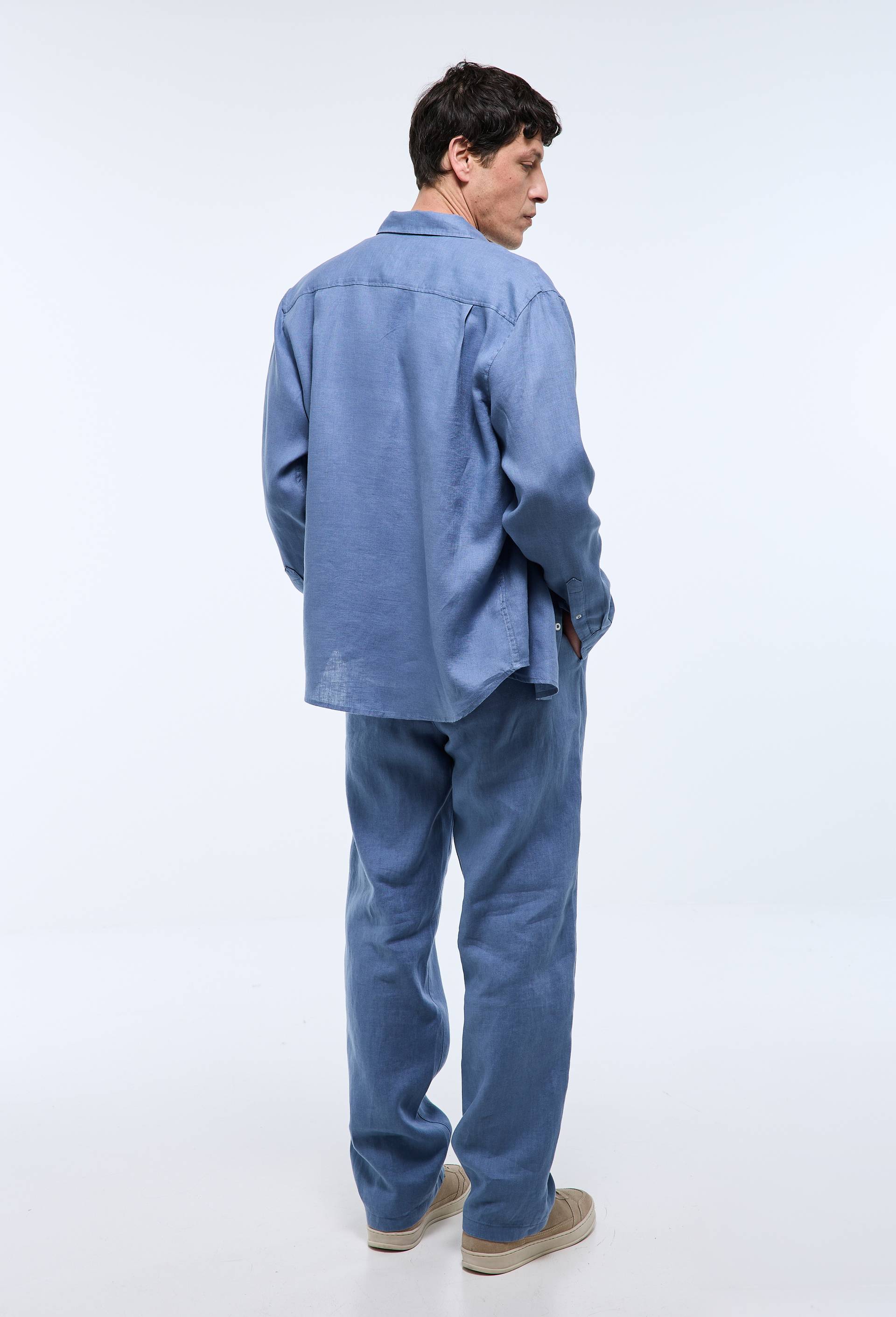 Pantalon &eacute;lastiqu&eacute; en lin, Bleu, large image number 2.0
