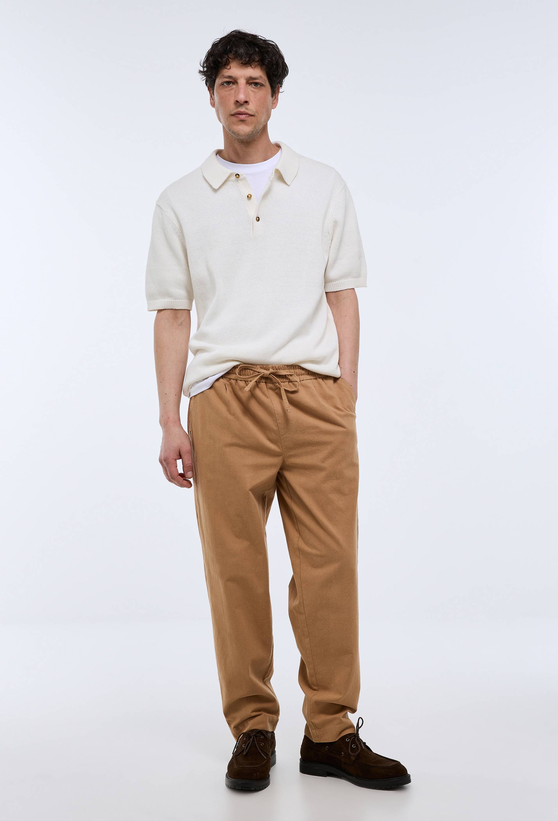 Pantalon &agrave; plis taille &eacute;lastiqu&eacute;e en coton BIO GOTS, Beige, large image number 1