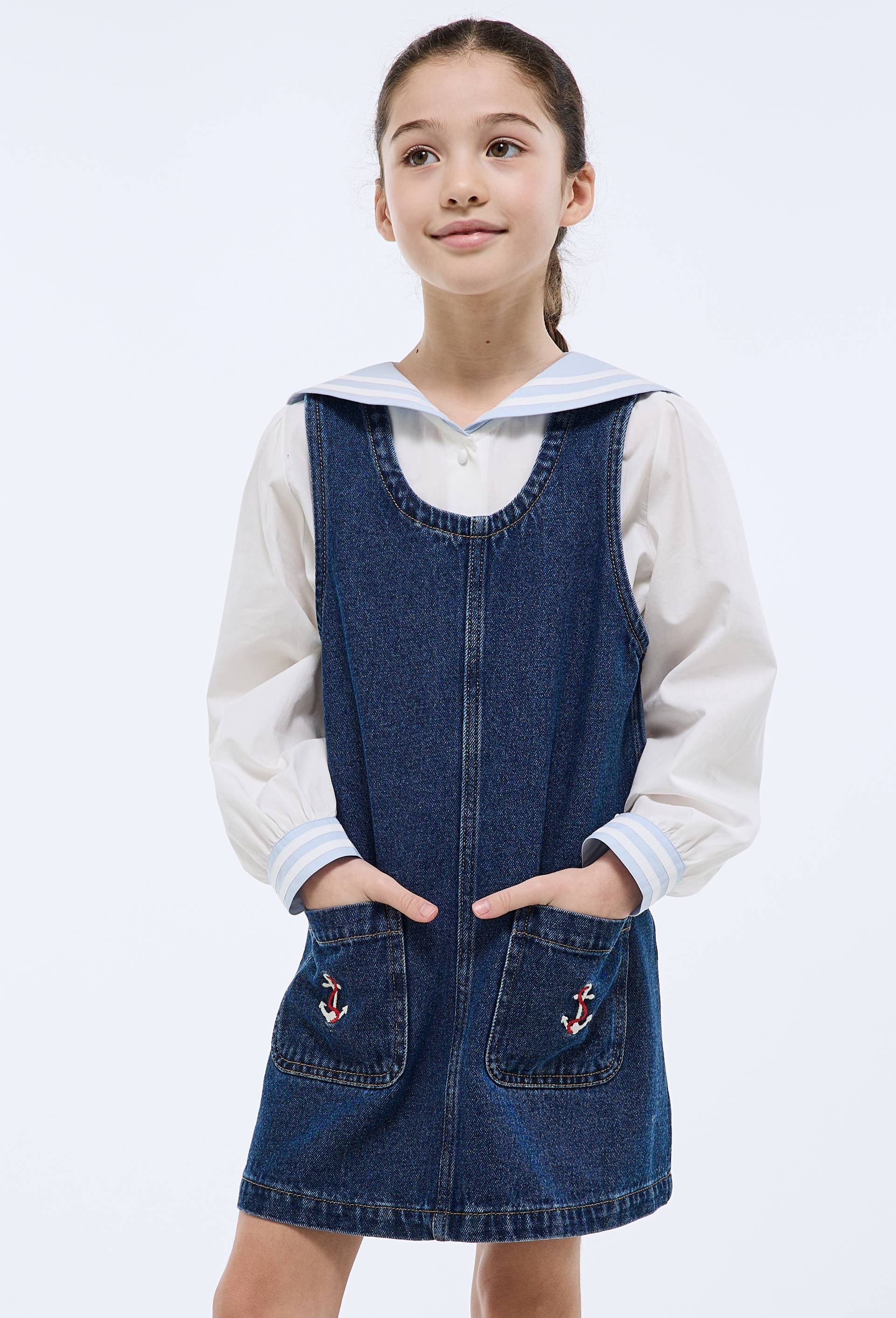 Robe en jean poches brod&eacute;es, Bleu fonc&eacute;, large image number 1
