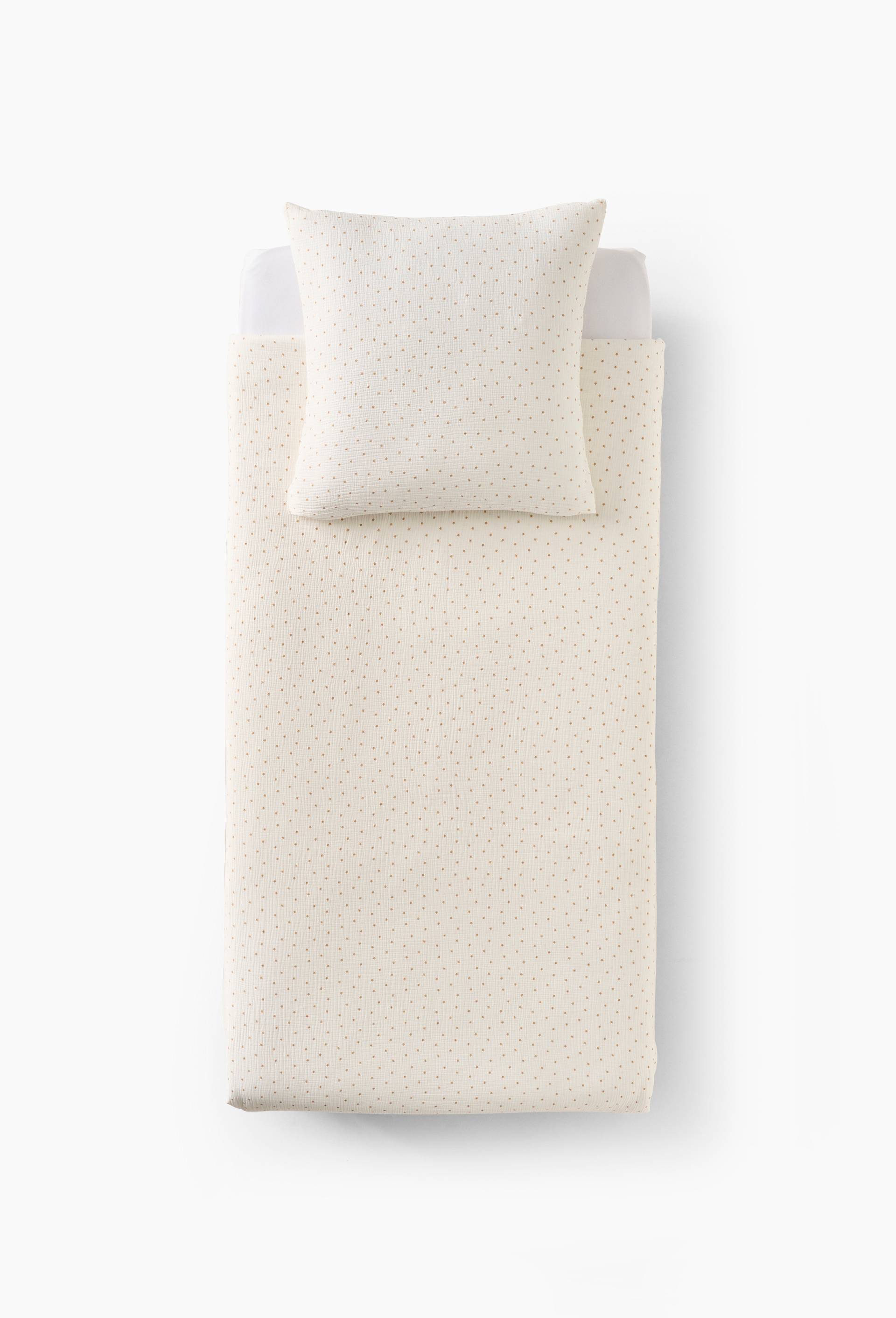 Lot linge de lit imprim&eacute;, 140x200cm + 63x63cm, en coton bio, Jaune fonc&eacute;, large image number 1