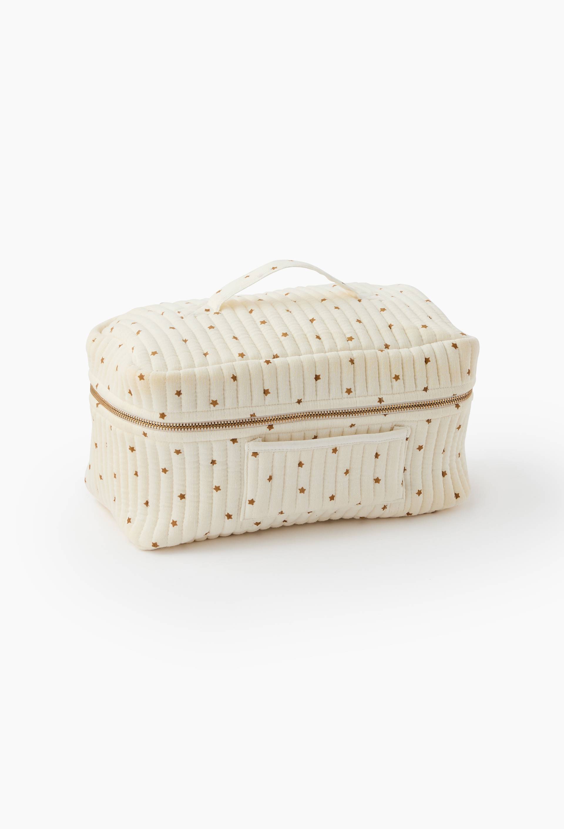 Trousse de toilette imprim&eacute;e &eacute;toiles, 30 x 17 x 17 cm, en gaze de coton, Jaune fonc&eacute;, large image number 0.0