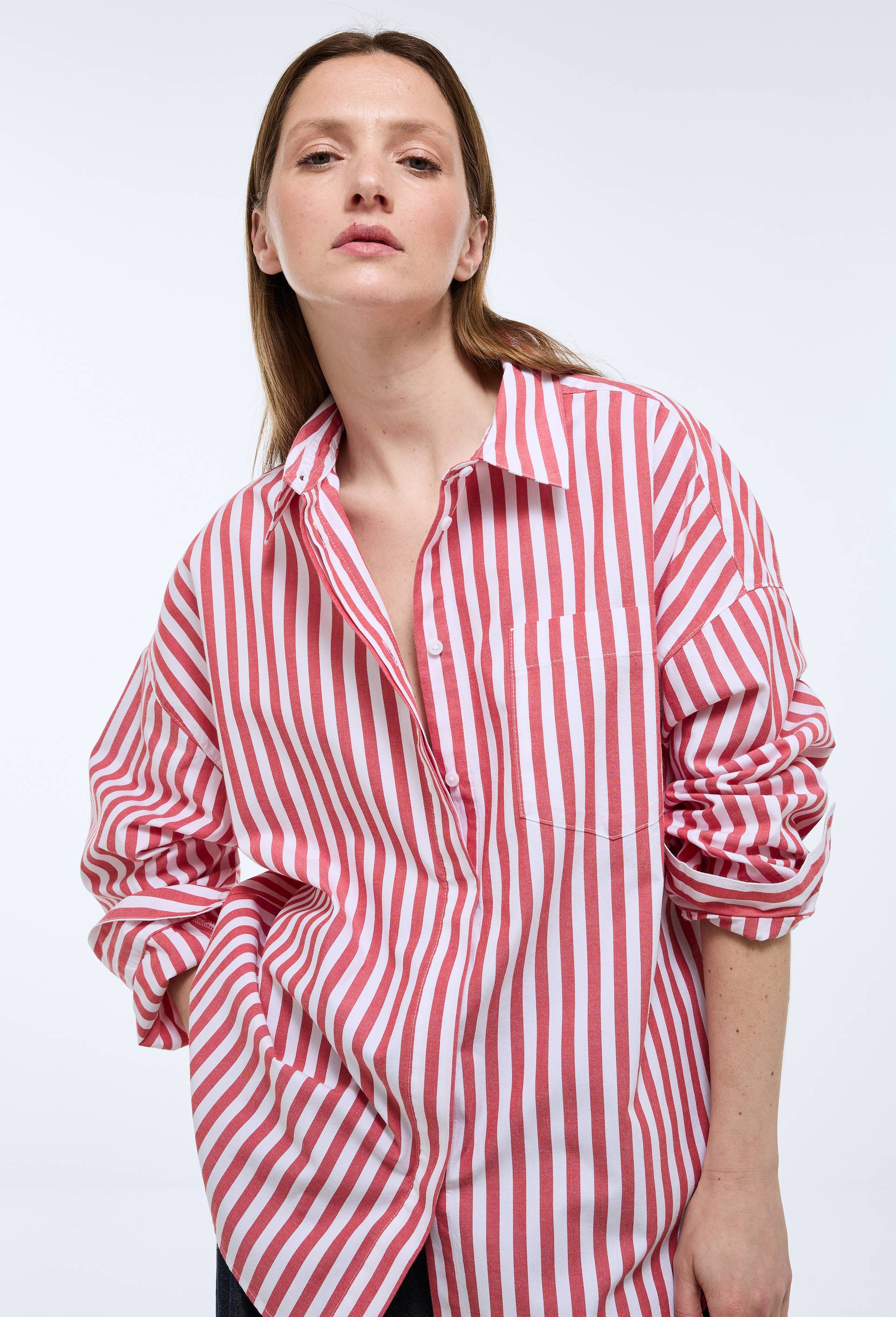Chemise manches longues ray&eacute;e en coton, Rouge, large image number 0