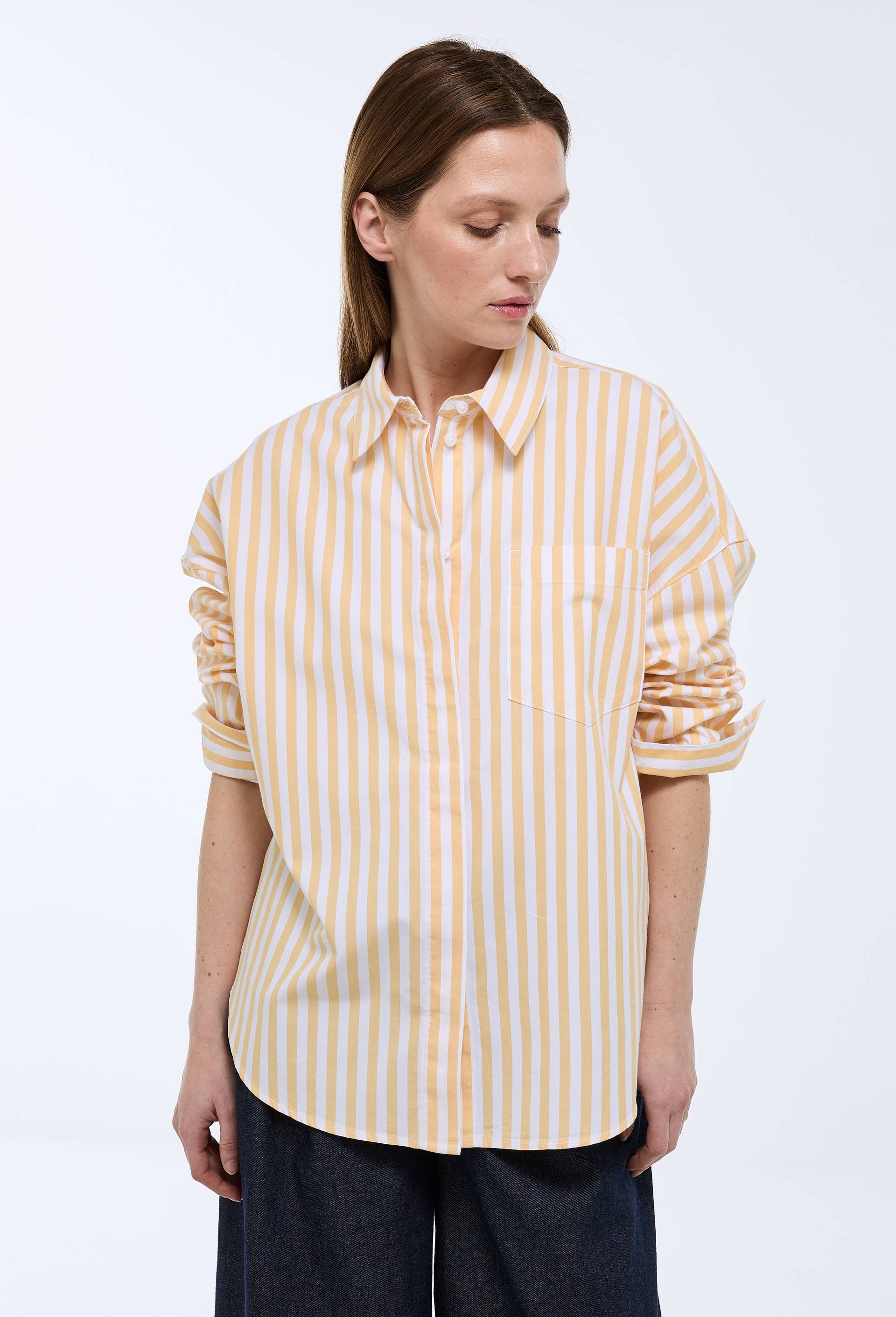 Chemise manches longues ray&eacute;e en coton, Jaune, swatch image