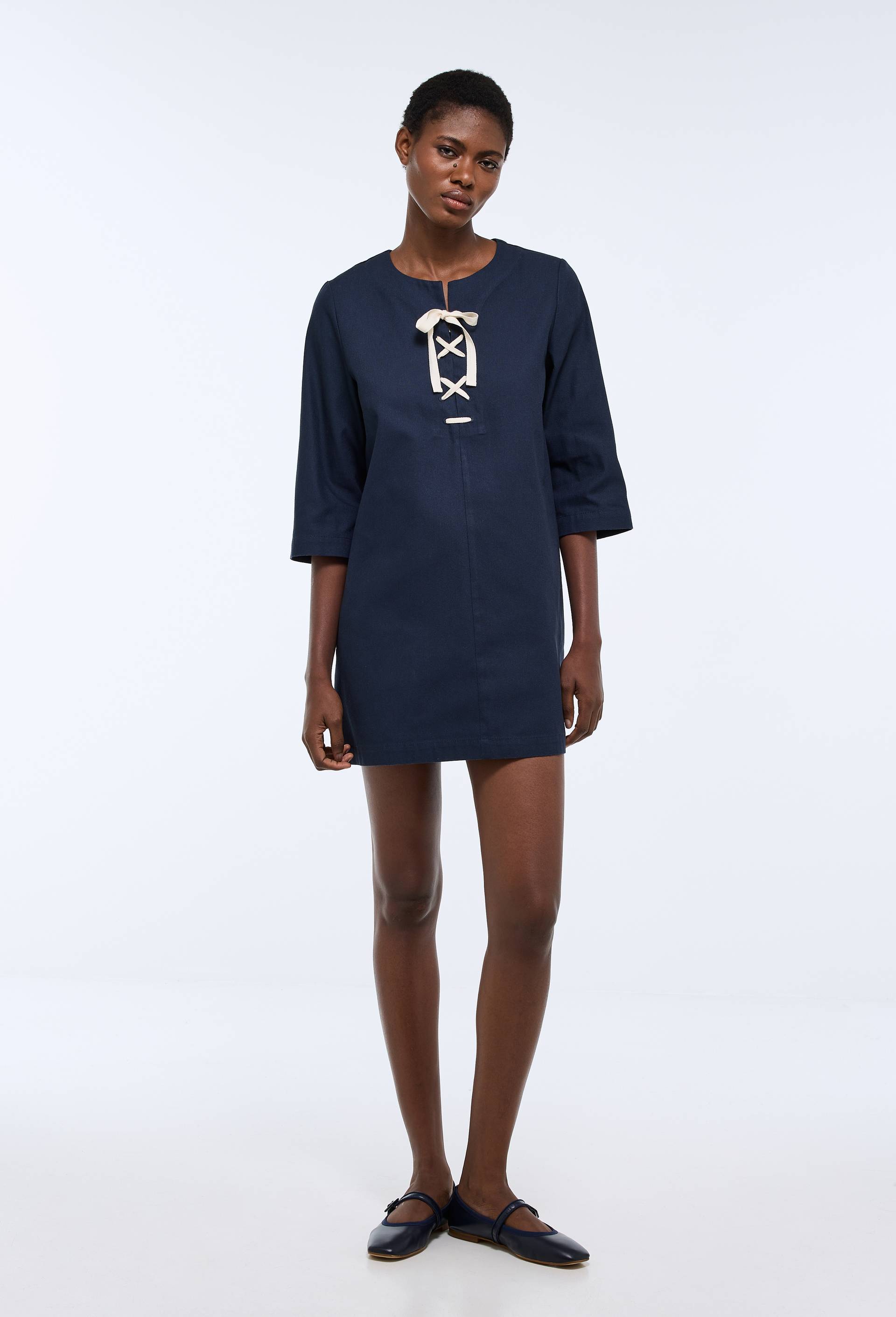Robe courte, manches longues avec la&ccedil;age en coton BIO GOTS, Bleu fonc&eacute;, large image number 0