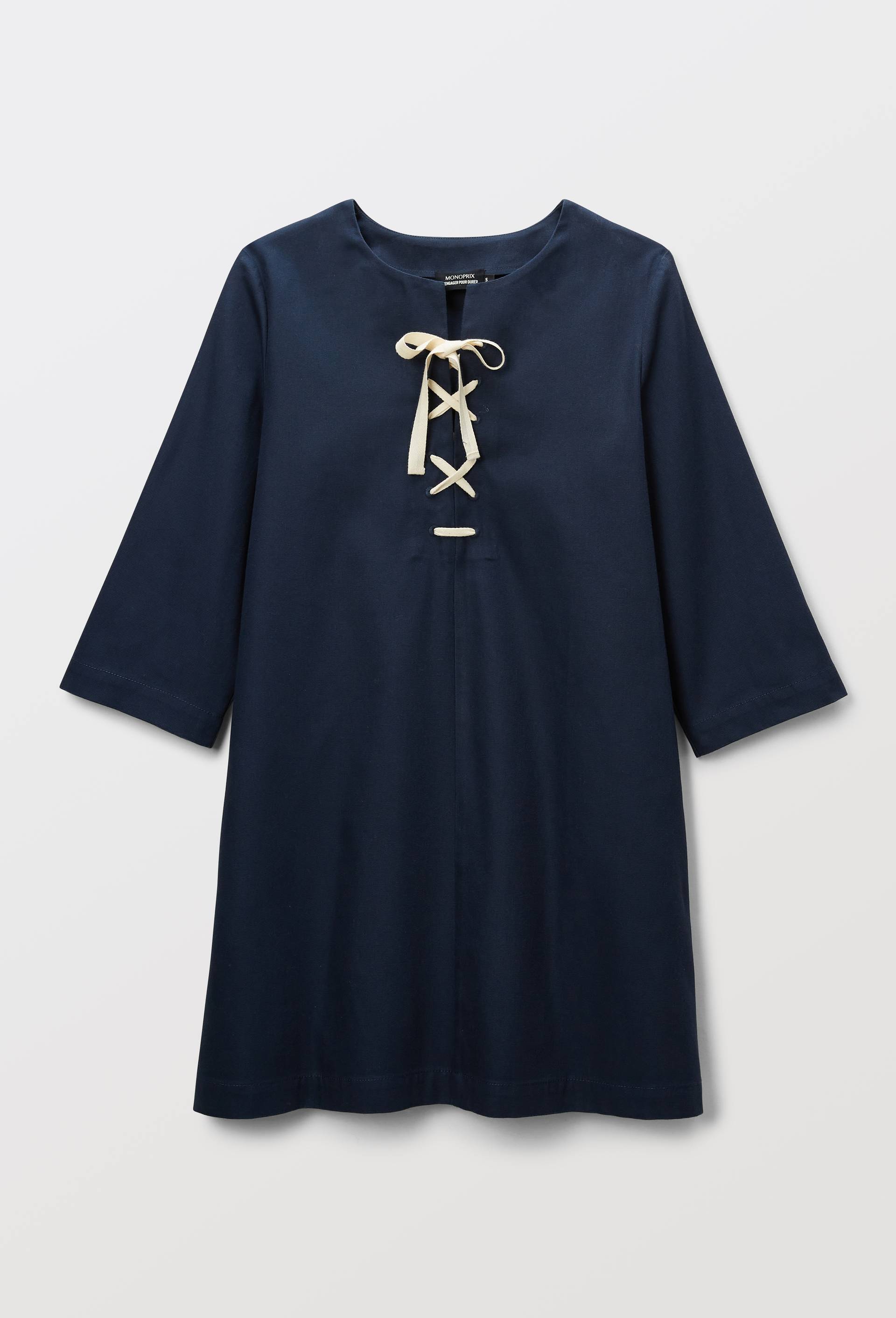 Robe courte, manches longues avec la&ccedil;age en coton BIO GOTS, Bleu fonc&eacute;, large image number 2.0