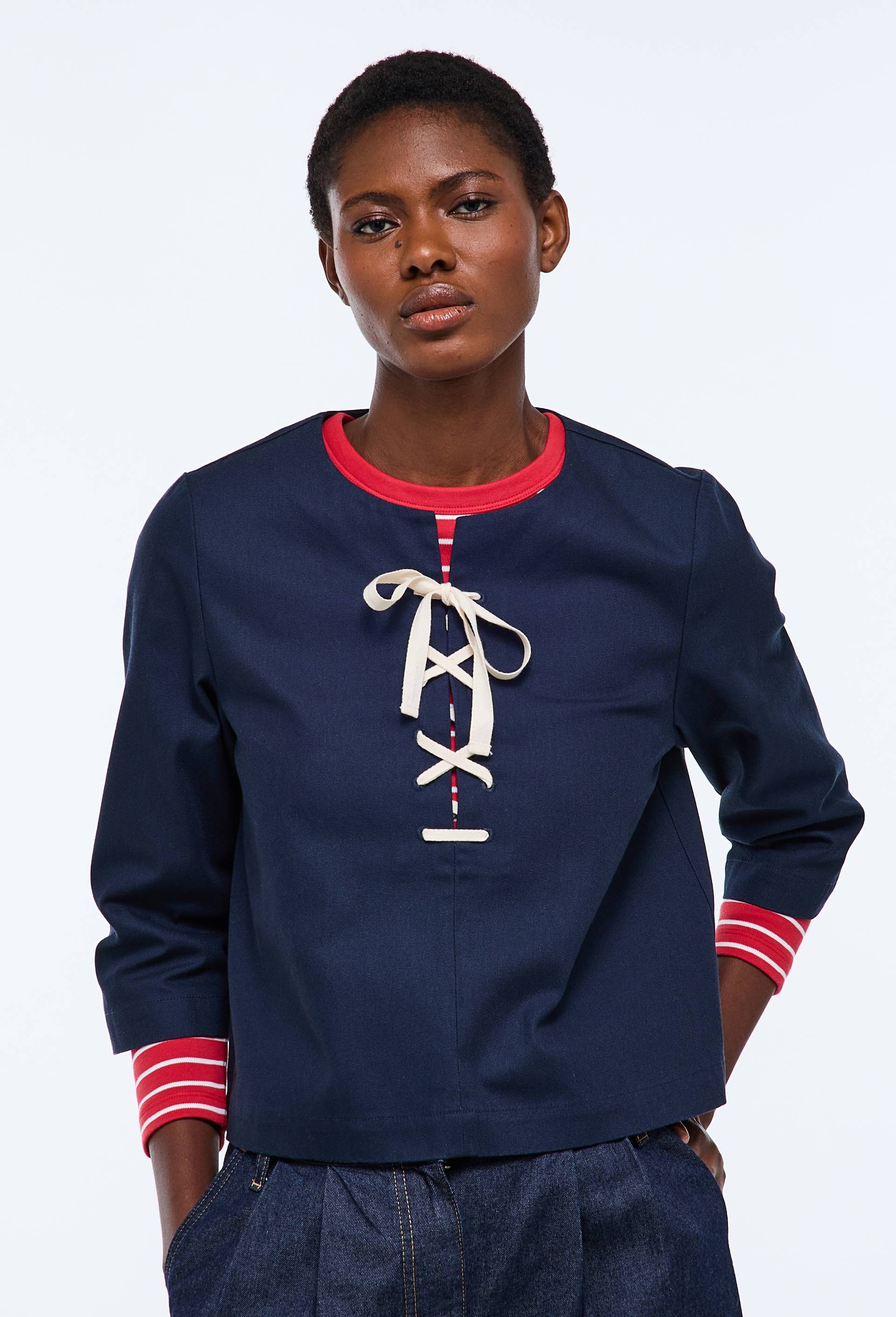 Blouse manches longues avec la&ccedil;age uni en coton BIO GOTS, Bleu fonc&eacute;, large image number 0