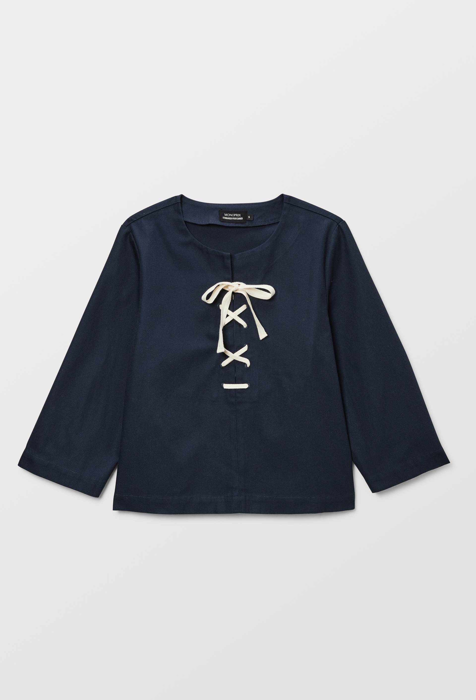 Blouse manches longues avec la&ccedil;age uni en coton BIO GOTS, Bleu fonc&eacute;, large image number 2