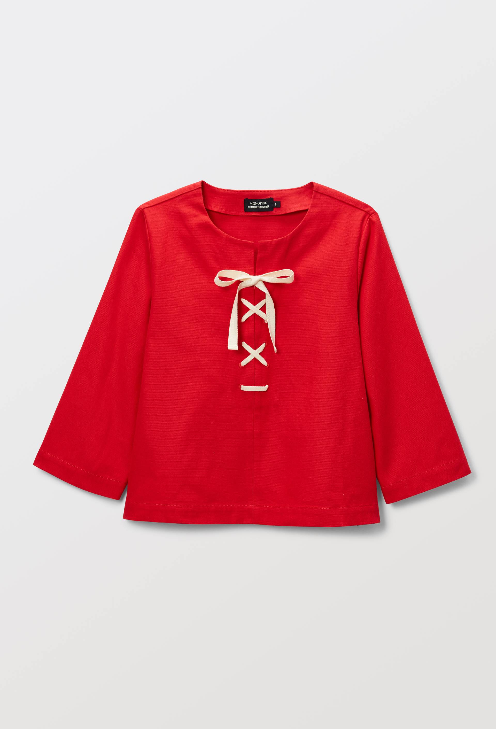 Blouse manches longues avec la&ccedil;age uni en coton BIO GOTS, Rouge, large image number 3