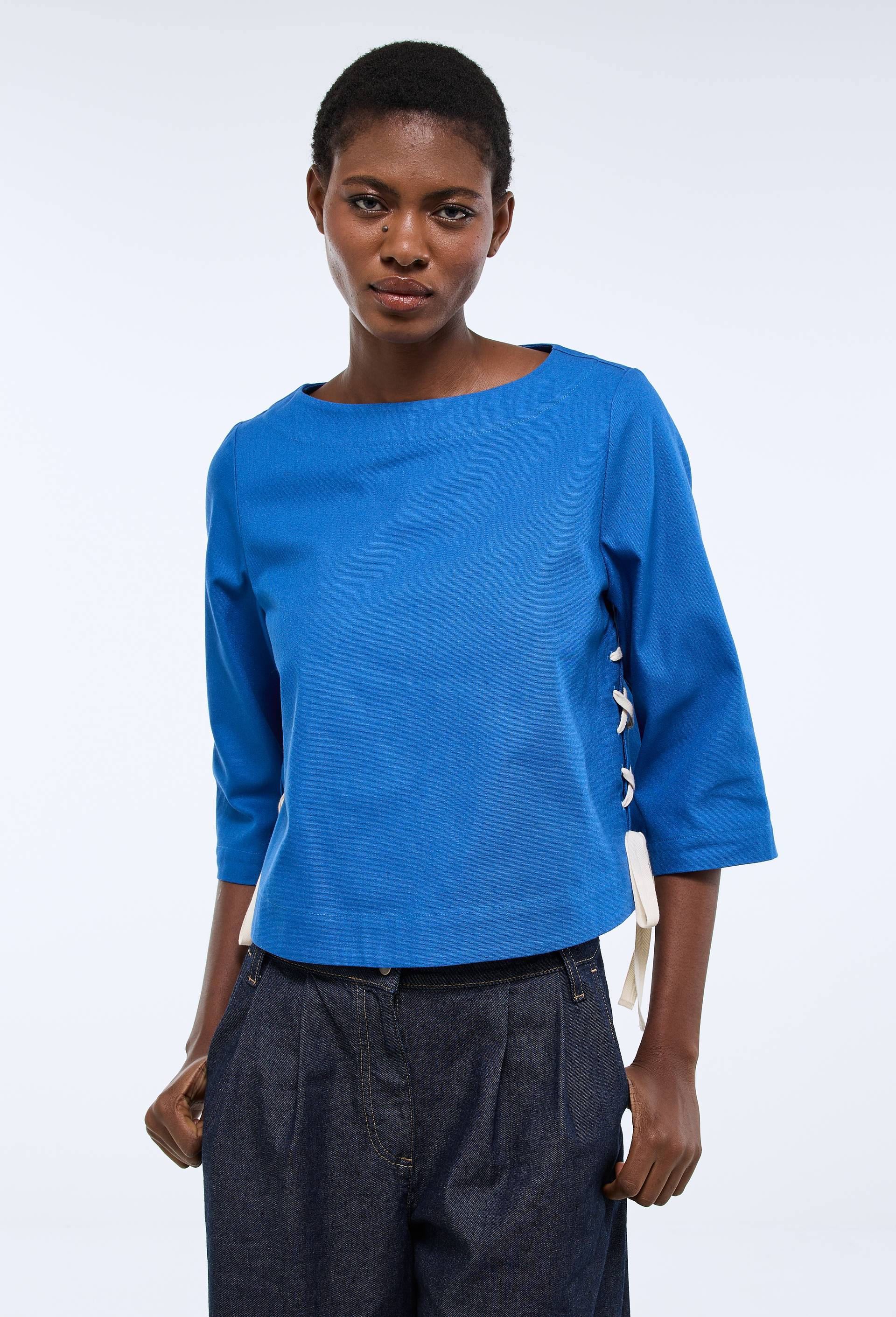 Blouse manches longues avec la&ccedil;age sur les c&ocirc;t&eacute;s uni en coton BIO GOTS, Bleu, large image number 1